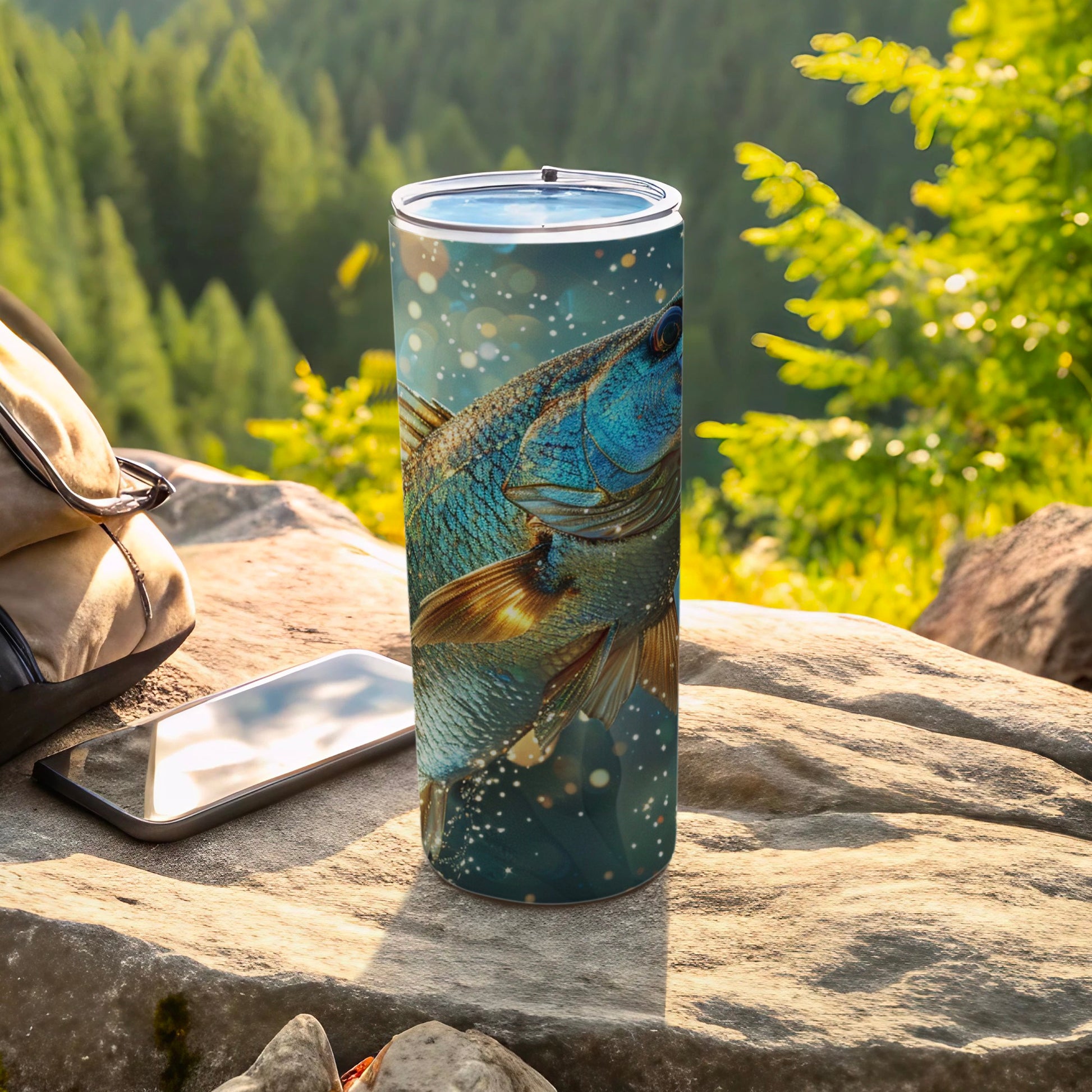 Blue fish design on a stainless steel tumbler, with phone and bag.