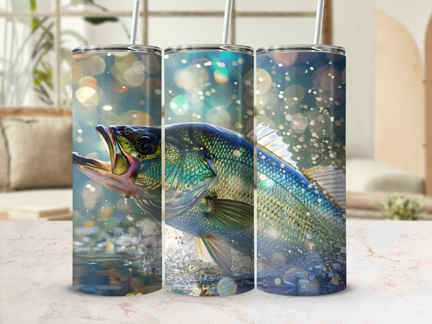 Large mouth bass jumping out of water with sparkling light effects.