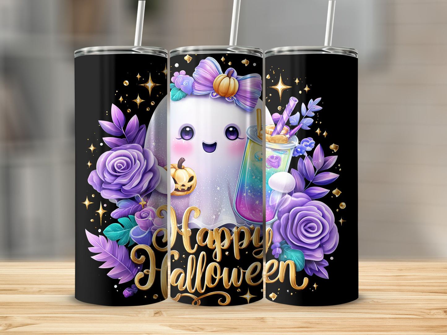 Happy Halloween Ghost with Flowers and Drink product