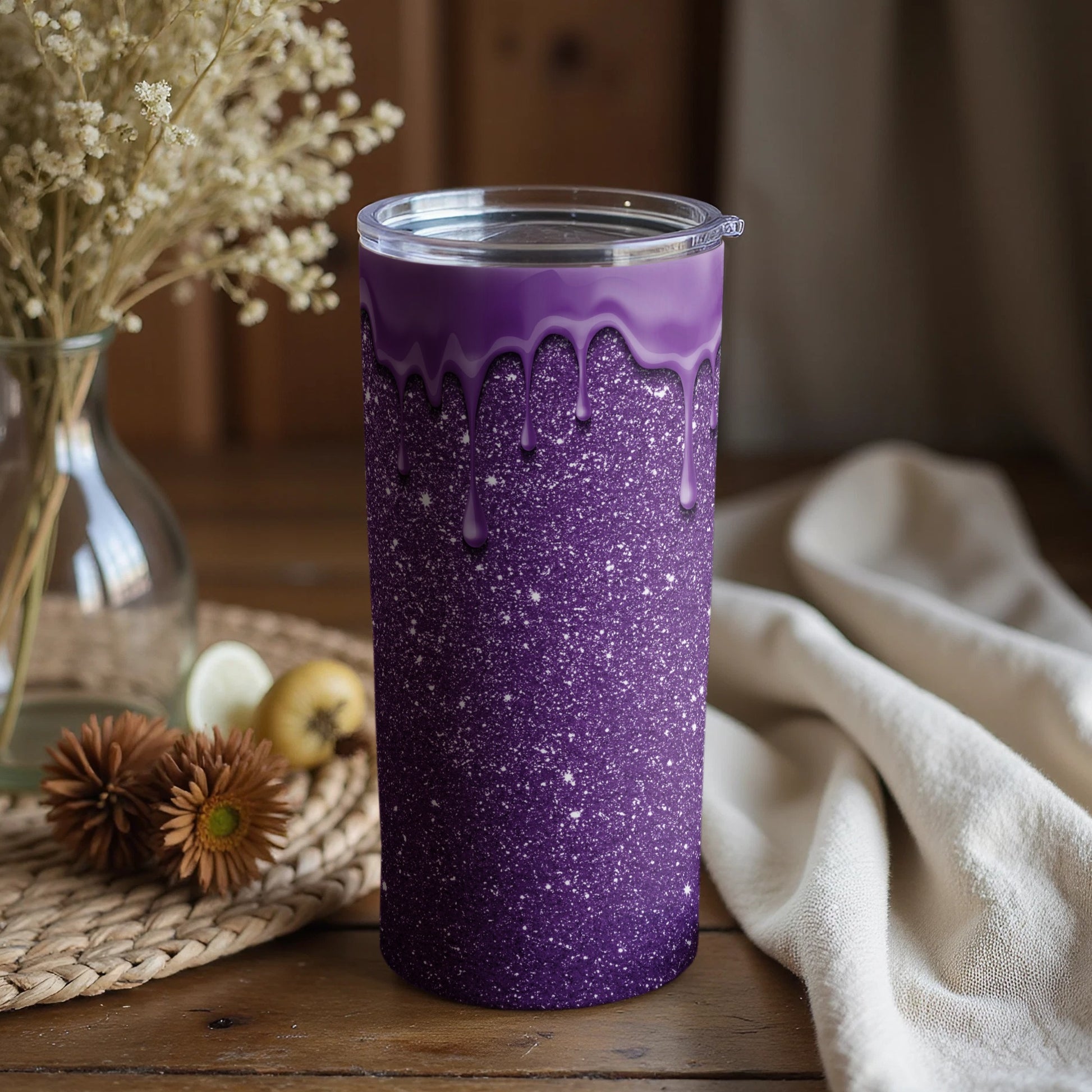 Purple Sparkle Tumbler with Dripping Effect Design