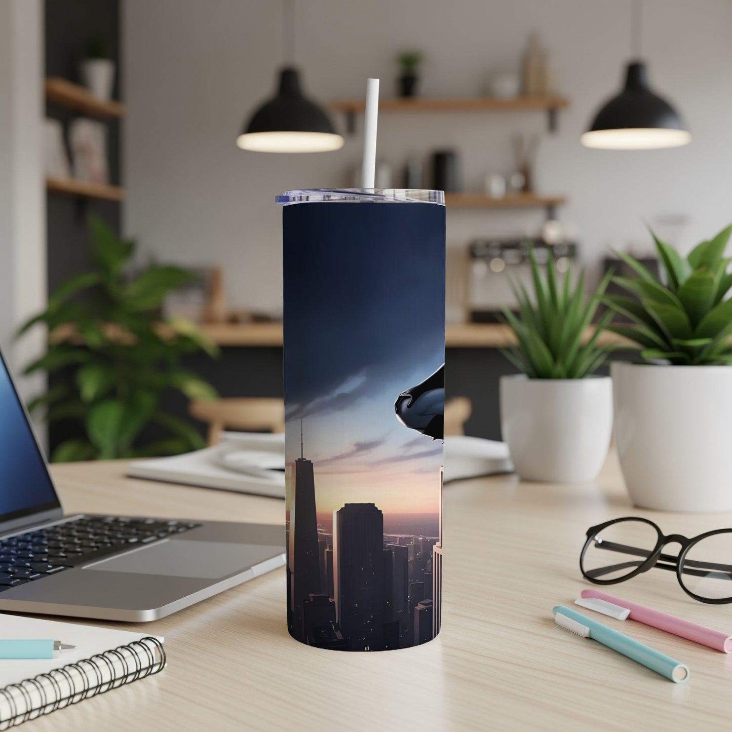 Tall tumbler with a city skyline and skyscraper design.