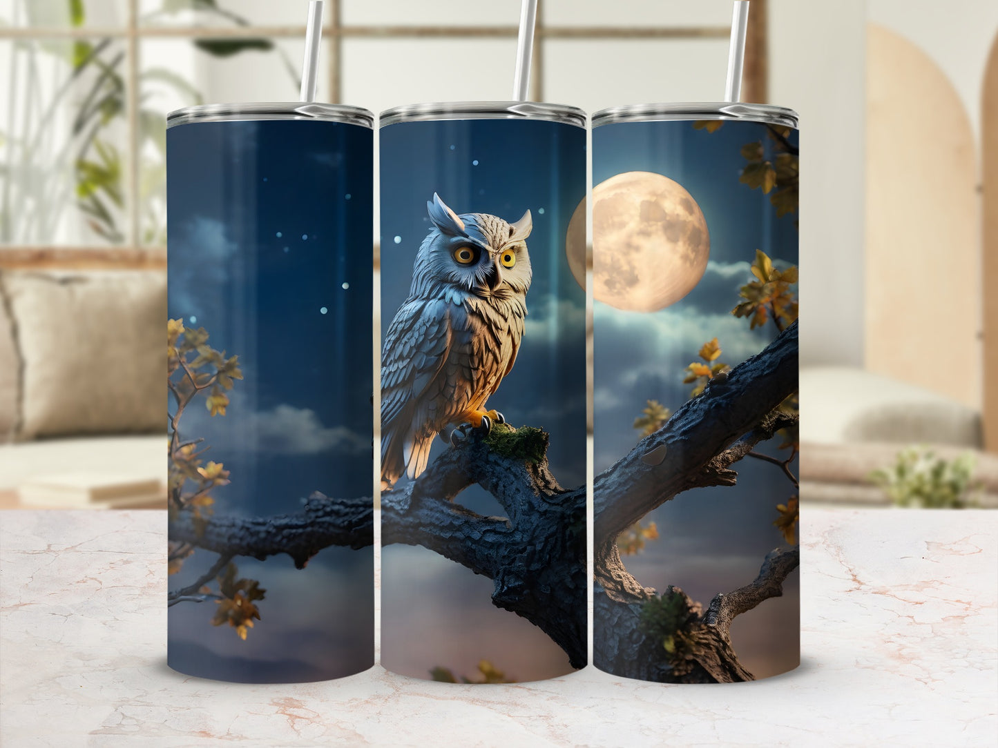 Realistic owl on a tree branch under a full moon, night sky.