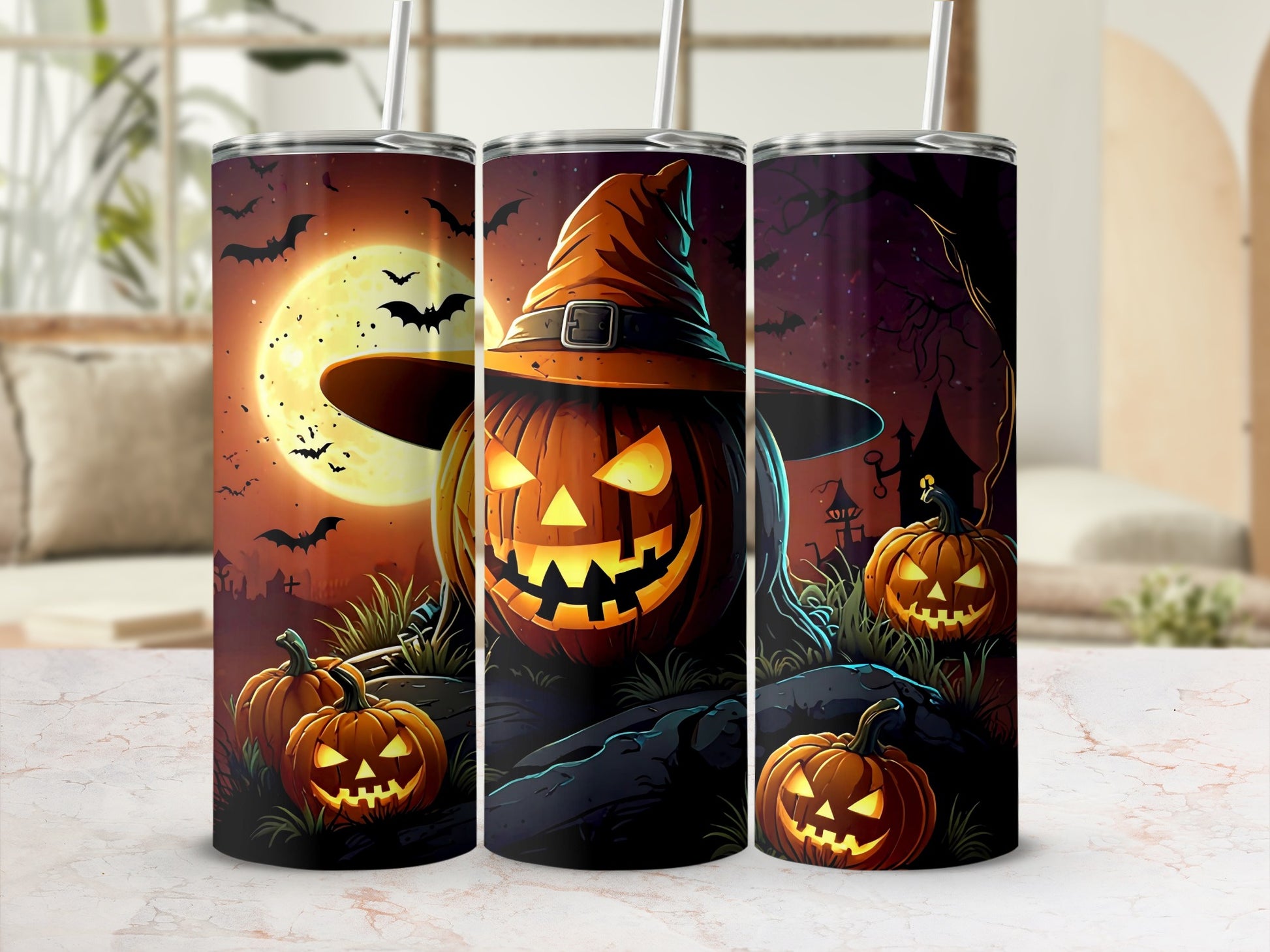 Halloween Pumpkin Witch Hat Design Tumbler Cup