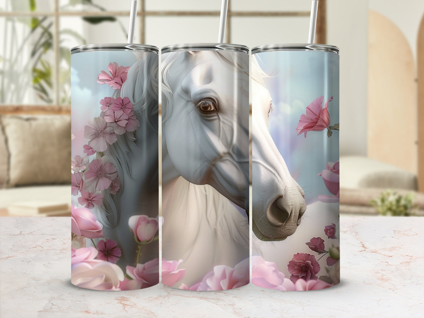White horse head surrounded by pink flowers on a tumbler.