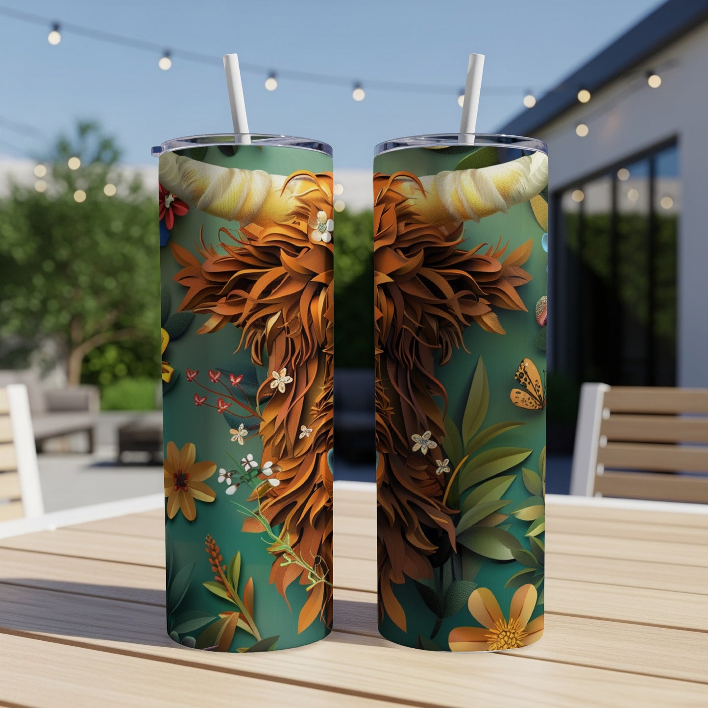 Two tall, skinny tumblers with a Highland cow and floral design.