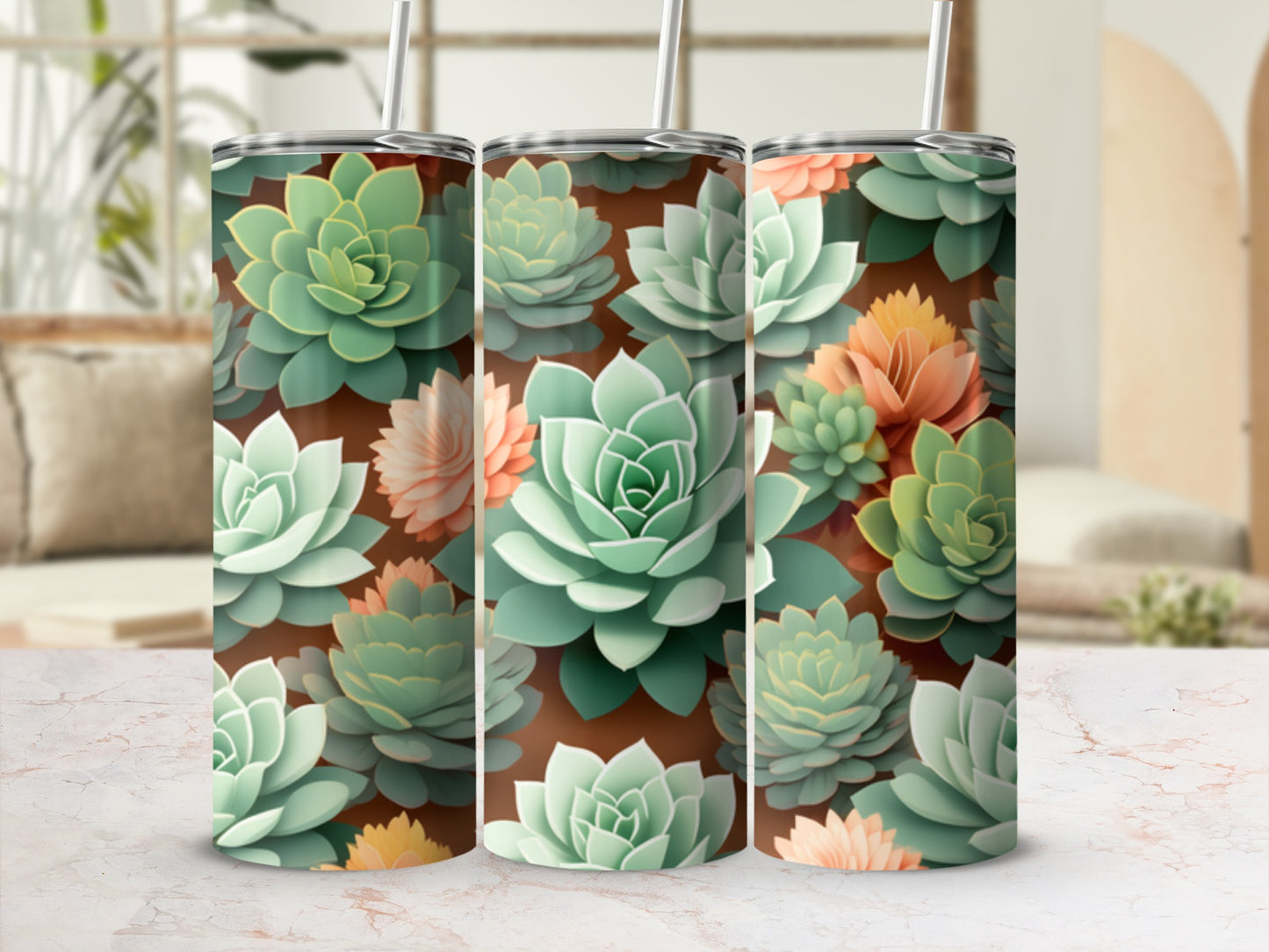 Three tumblers with a succulent plant floral pattern.