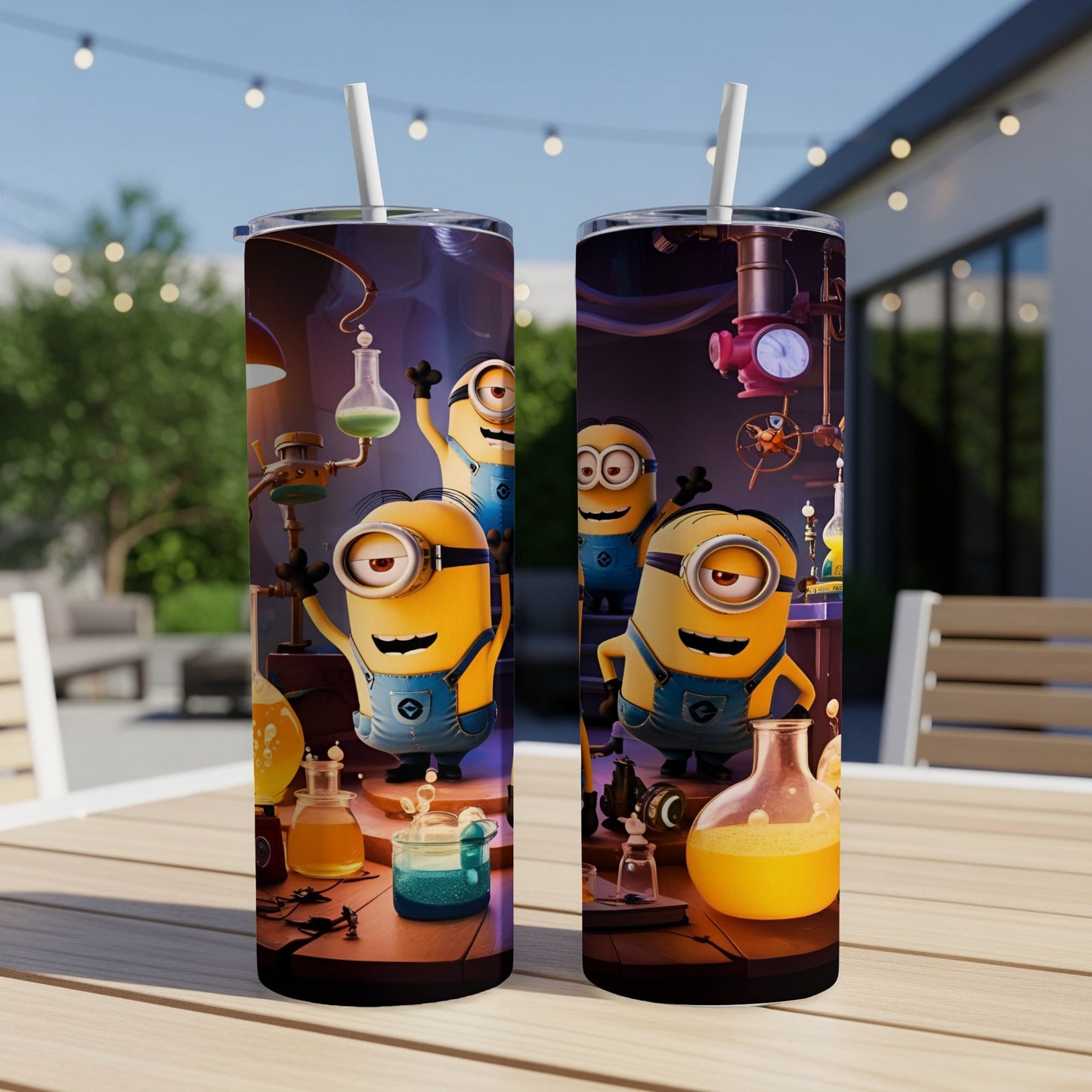 Two Minions in lab coats standing near beakers and flasks on a table.