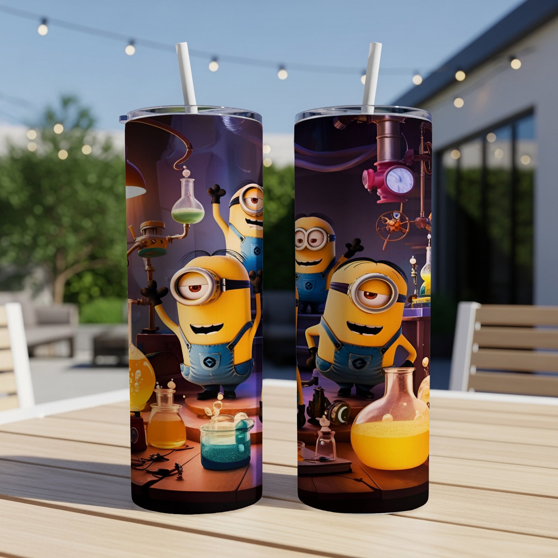 Two Minions in lab coats standing near beakers and flasks on a table.
