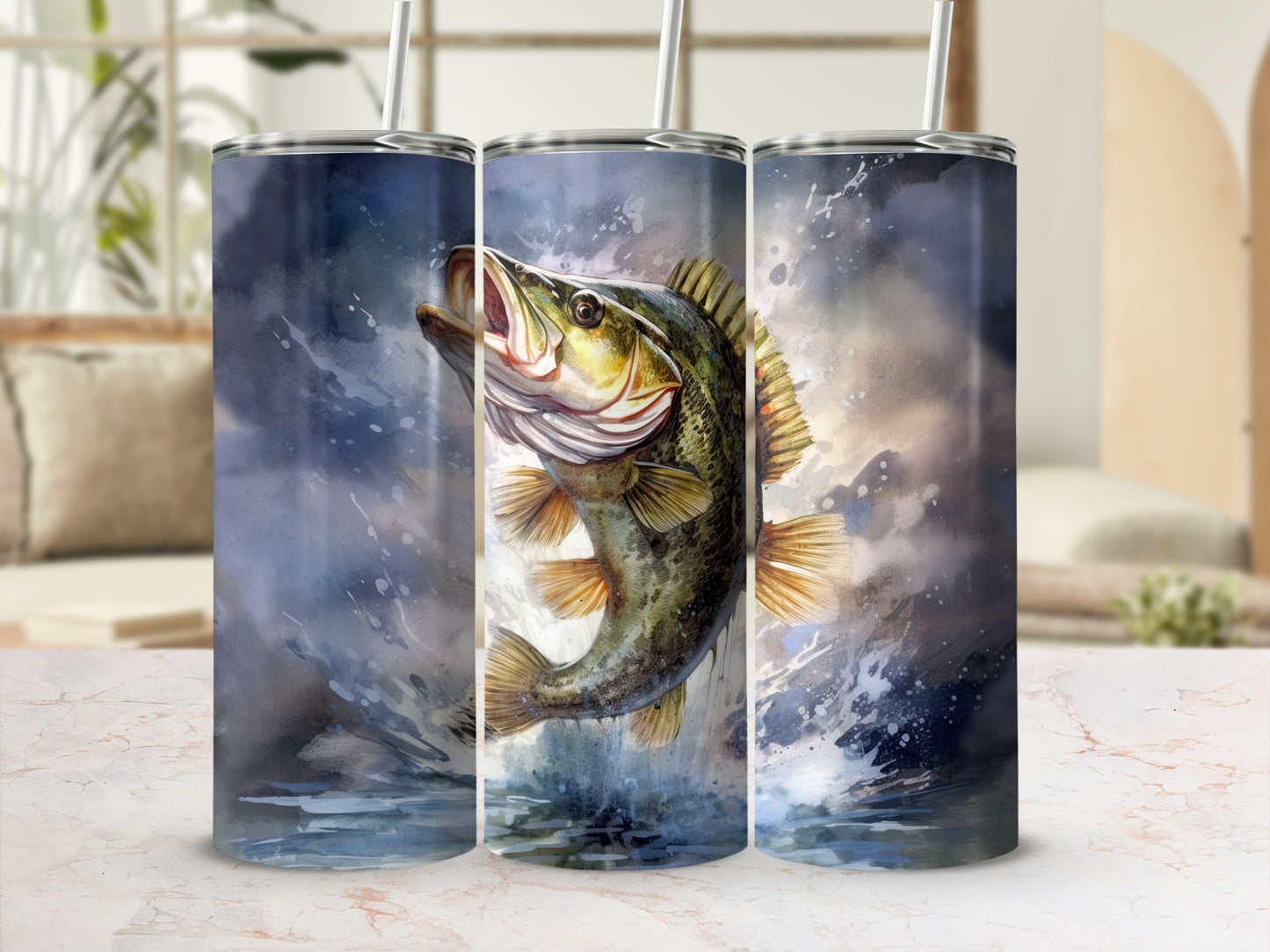 Watercolor largemouth bass leaping from splashing water, three tumblers shown.