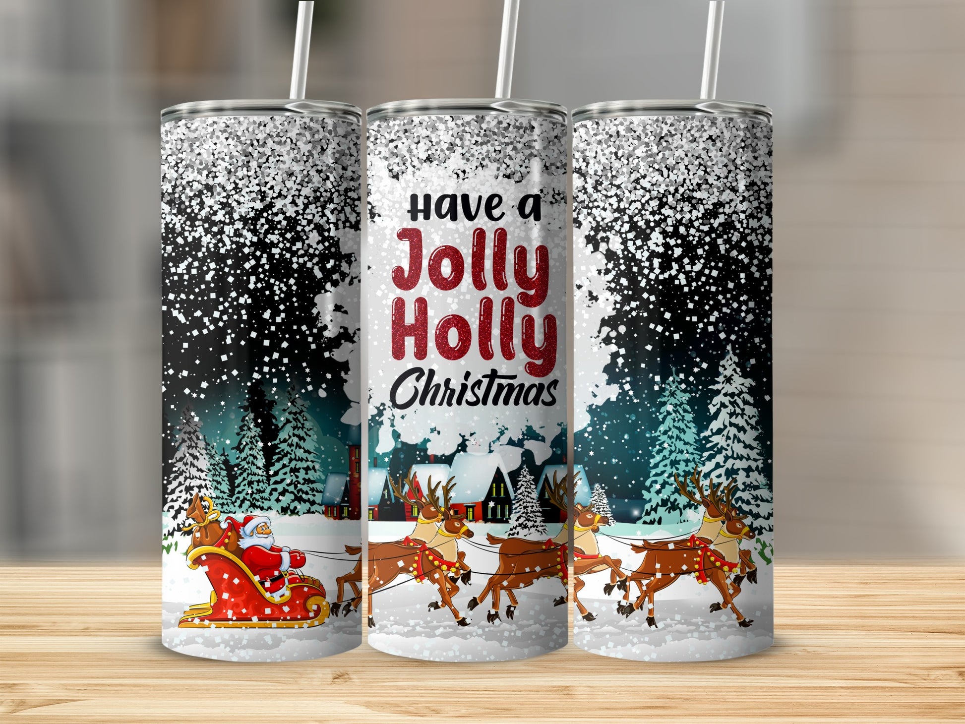 Three Santa Claus tumblers with a Christmas scene and "Have a Jolly Holly Christmas" text.