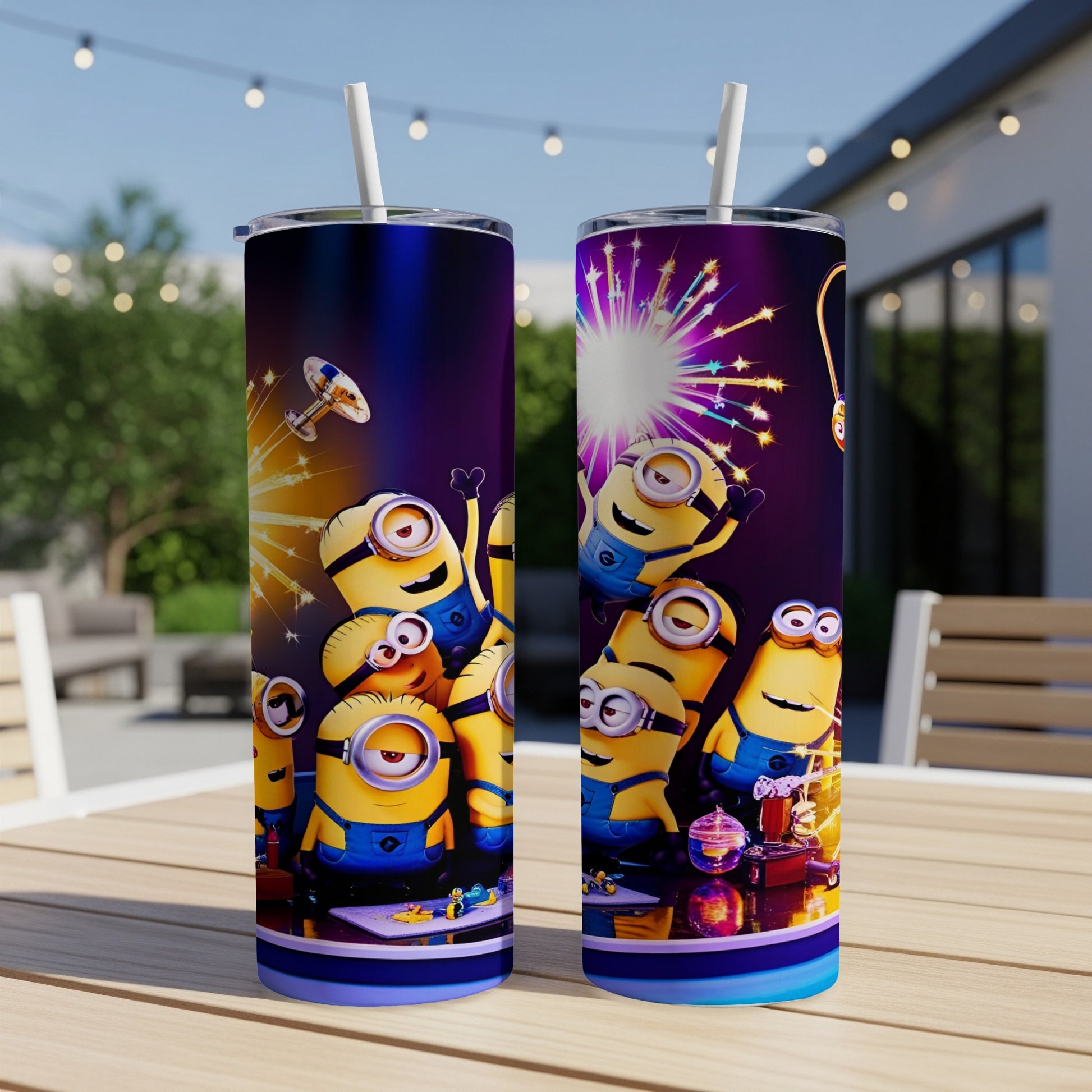 Minions characters celebrating with fireworks on a purple background tumbler.