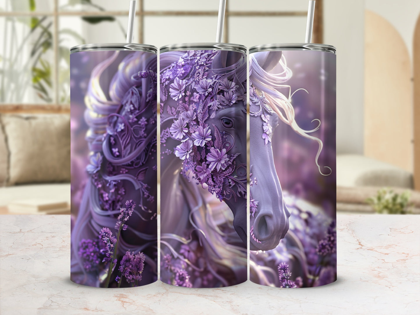 Purple horse with flowers and lavender design on a tumbler.