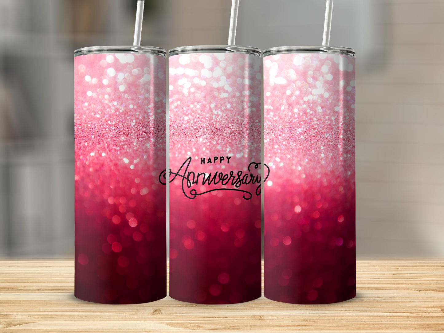 Pink glitter tumbler with "Happy Anniversary" text.