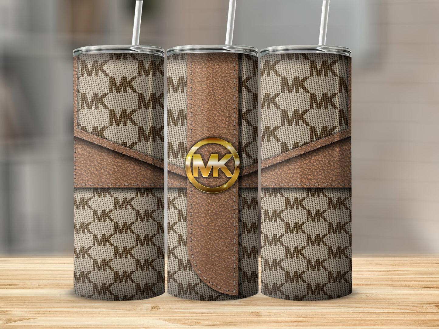 Stylish MK Patterned Insulated Tumbler with Straw