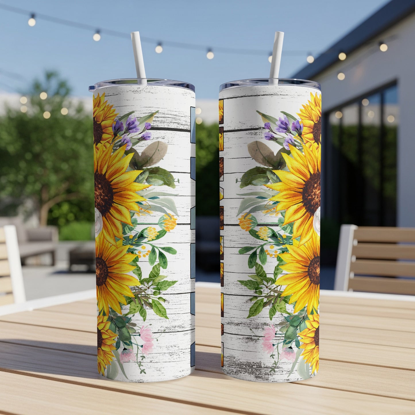 Two sunflowers and floral accents on a rustic wood-patterned tumbler.