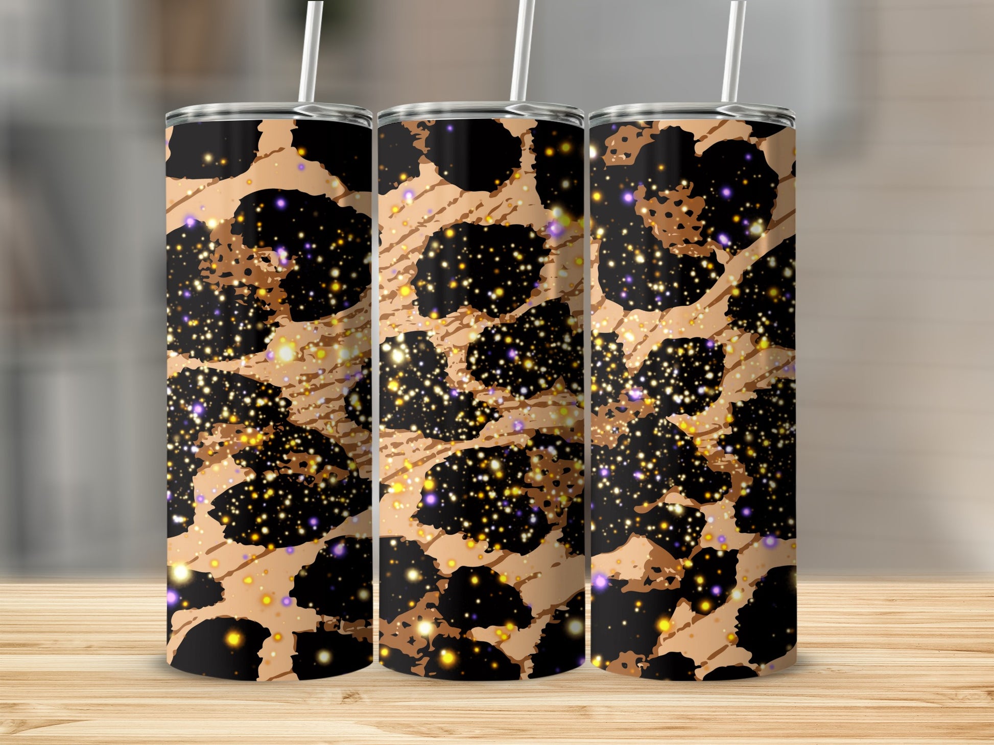 Leopard Print Sparkling Design Tumbler with Straws