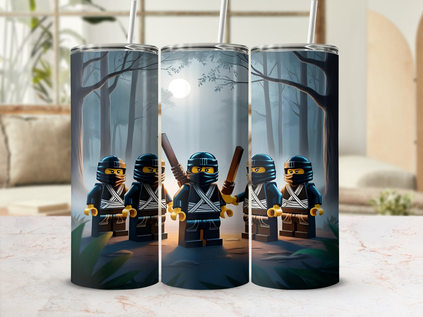 Five Lego ninjas stand ready in a moonlit forest clearing.