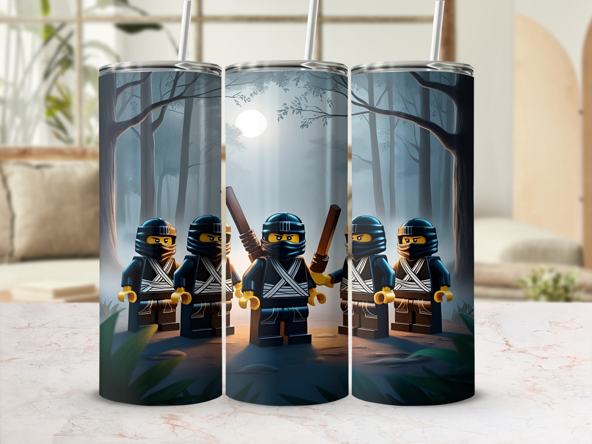 Five Lego ninjas stand ready in a moonlit forest clearing.