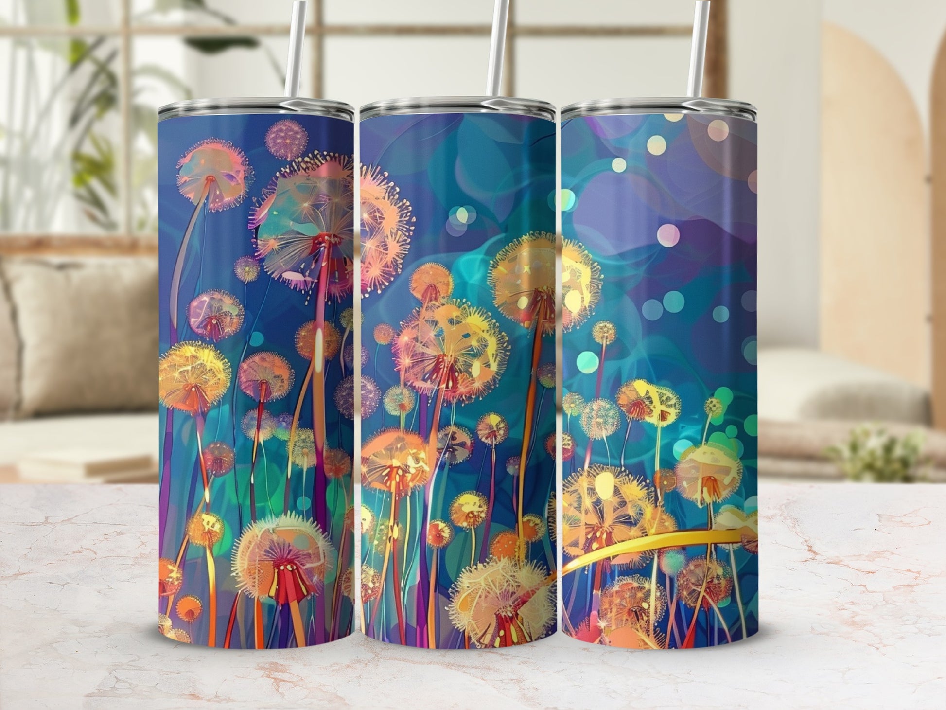 Three tumblers with a colorful dandelion floral pattern.
