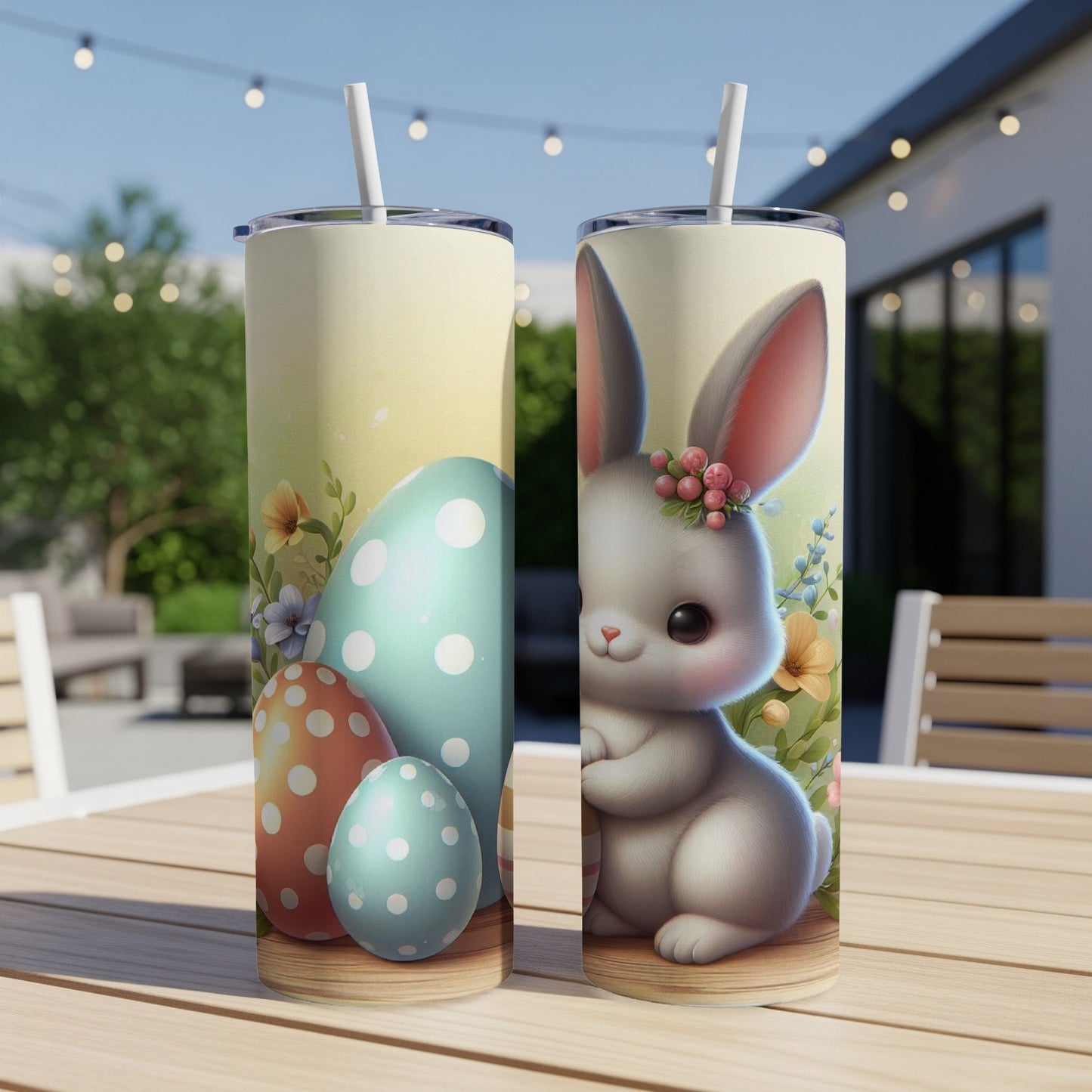 Easter bunny and decorated eggs on a wooden table with a blurred background.