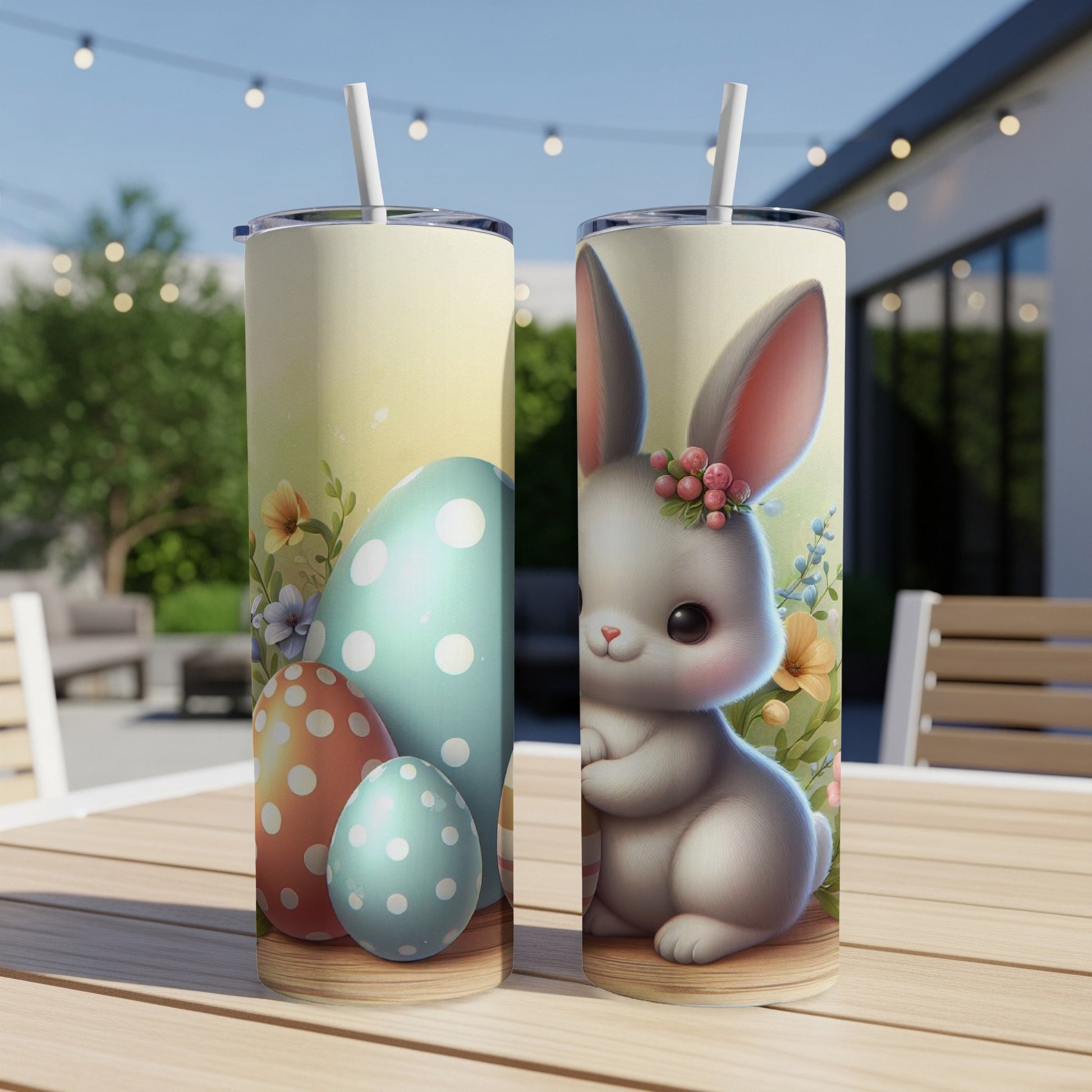 Easter bunny and decorated eggs on a wooden table with a blurred background.