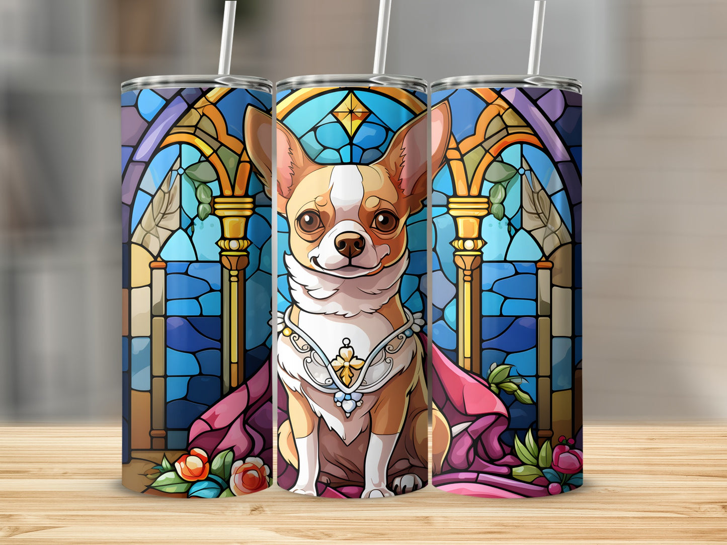 Chihuahua wearing royal cape and collar against stained glass background on tumblers.