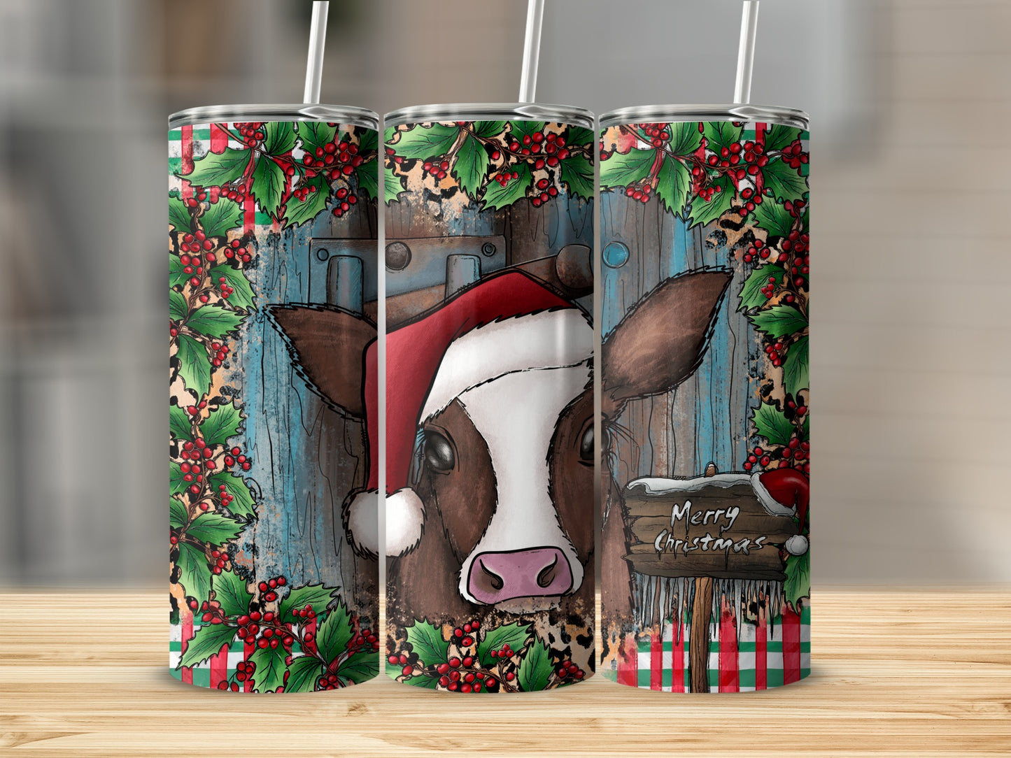 Cow wearing a Santa hat peeking through a wooden door with holly border.