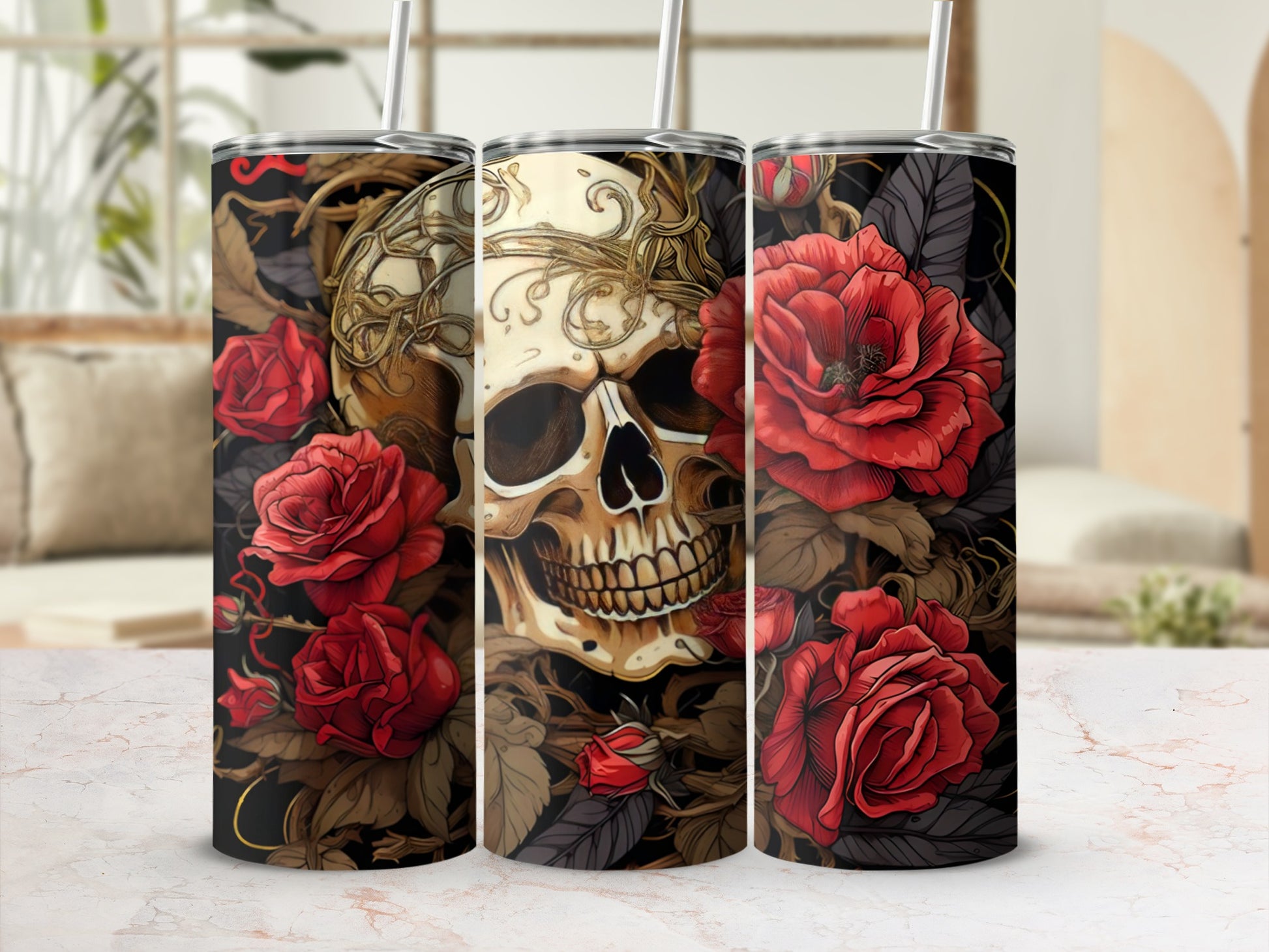 Skull and red roses design on a tumbler.