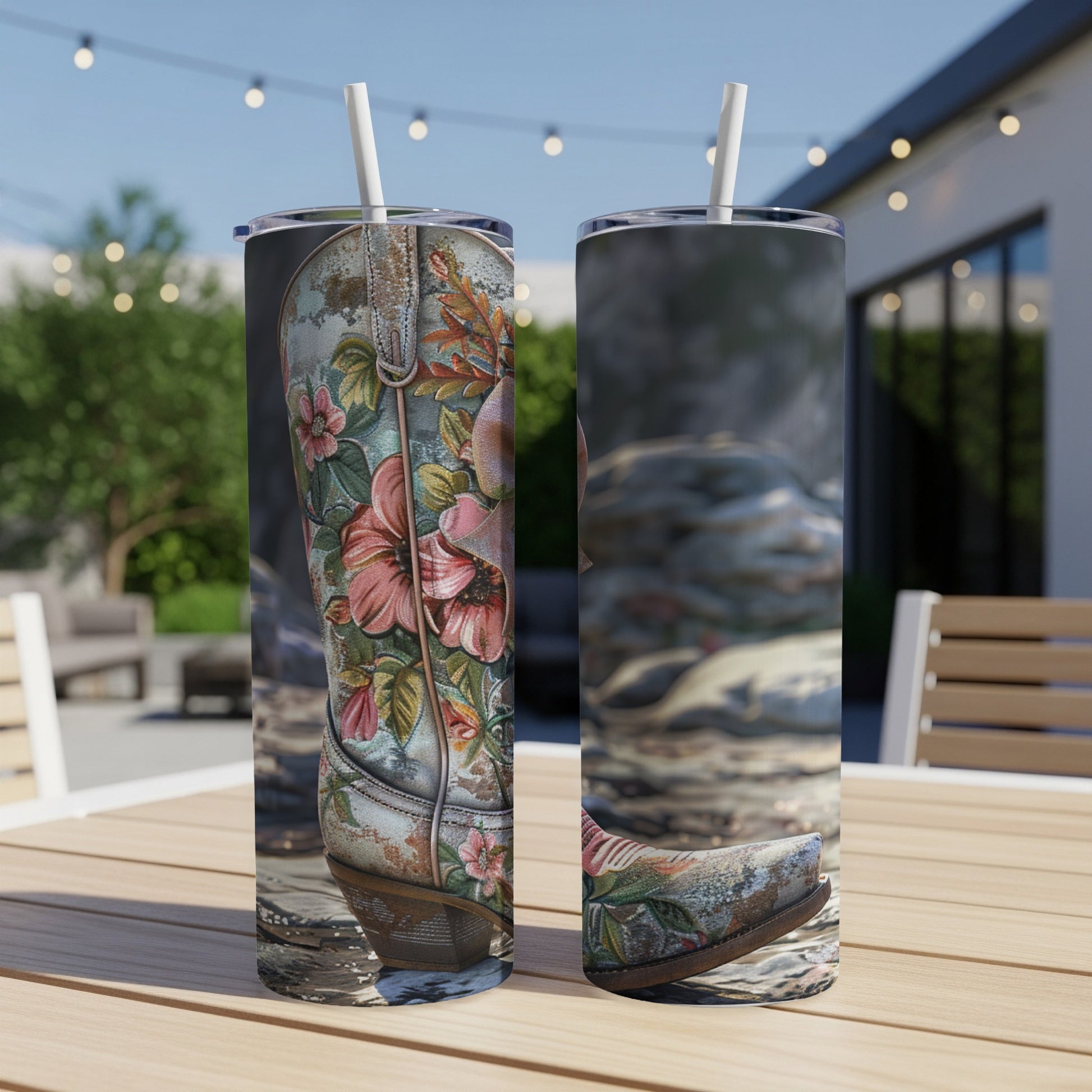 Floral cowboy boots on a tumbler, displayed outdoors on a table.