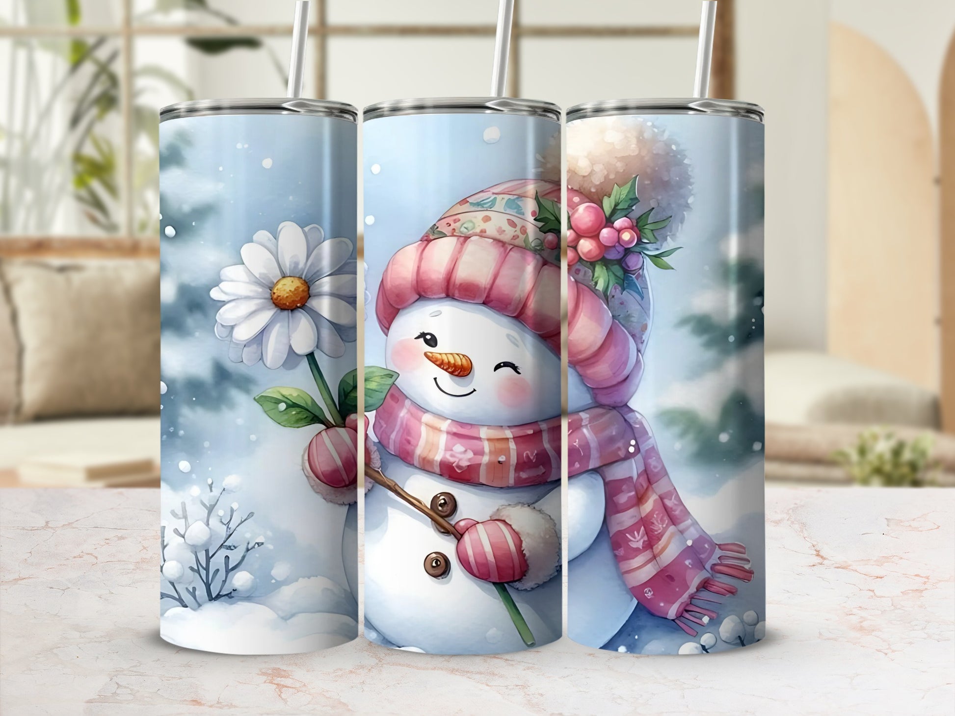 Snowman and Flower Design Tumbler Cup with Straw