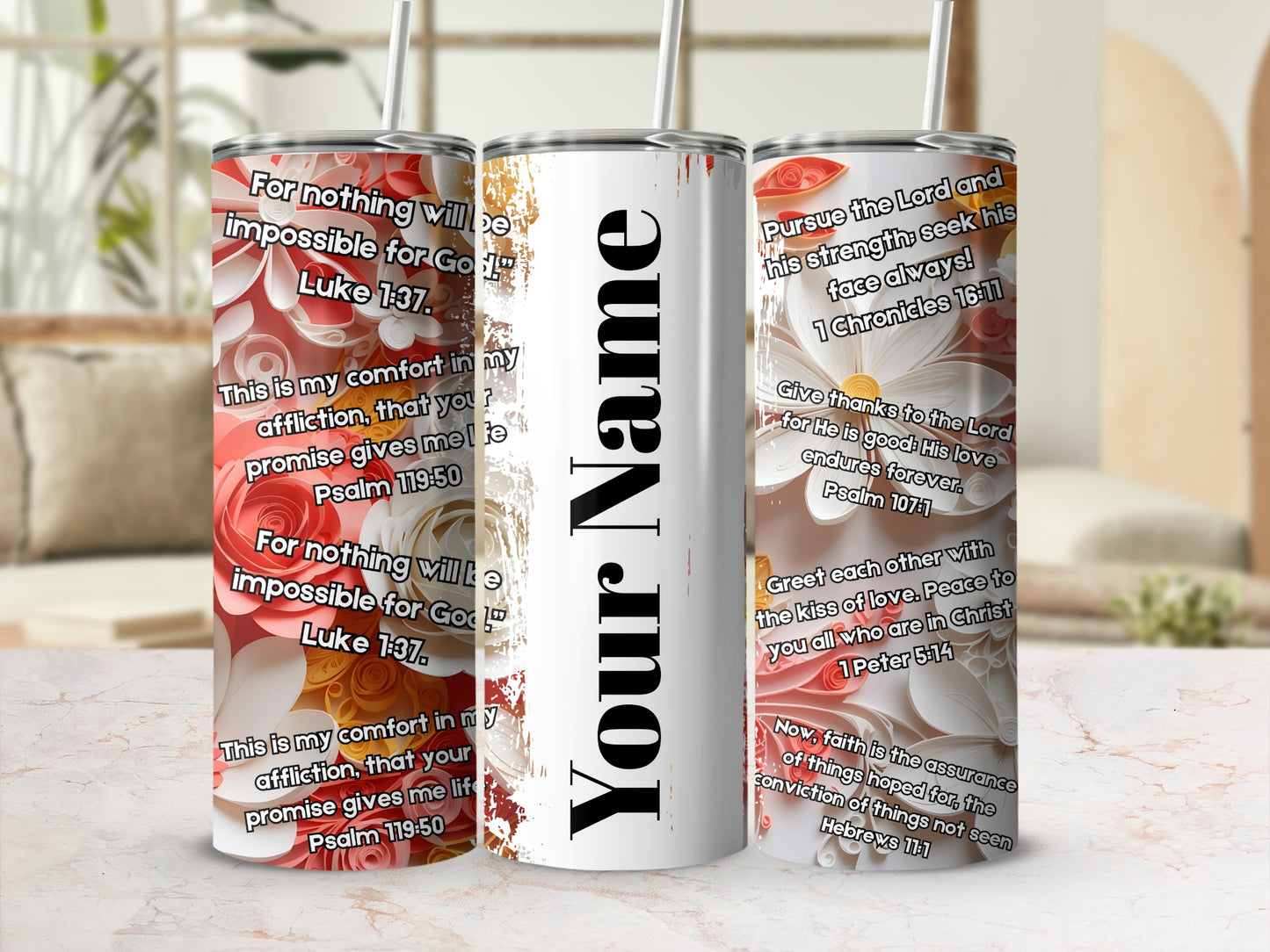 Personalized Floral Tumblers with Inspirational Bible Verses