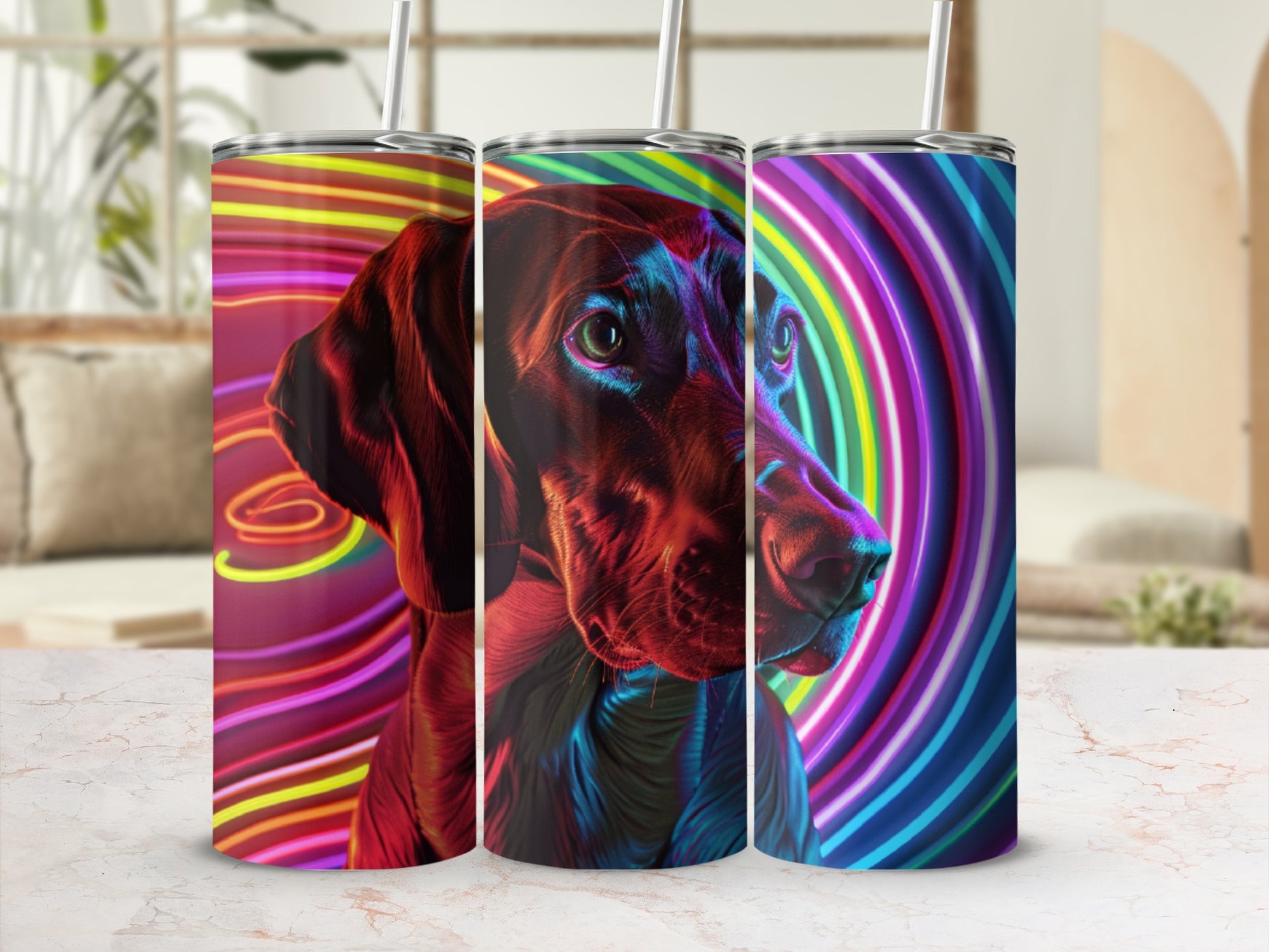 Dog portrait with colorful neon spiral background on three tumblers.