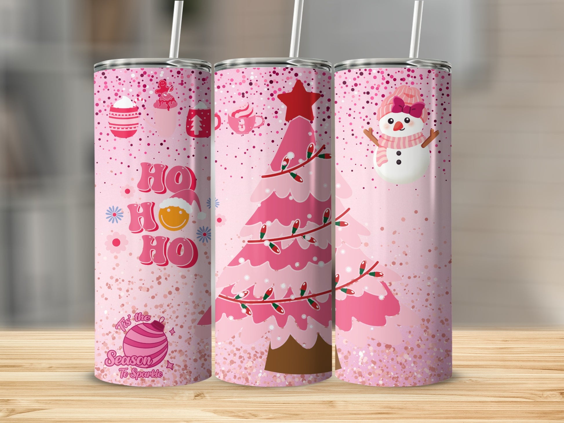 Christmas Festive Pink Holiday Tumbler with Snowman Design