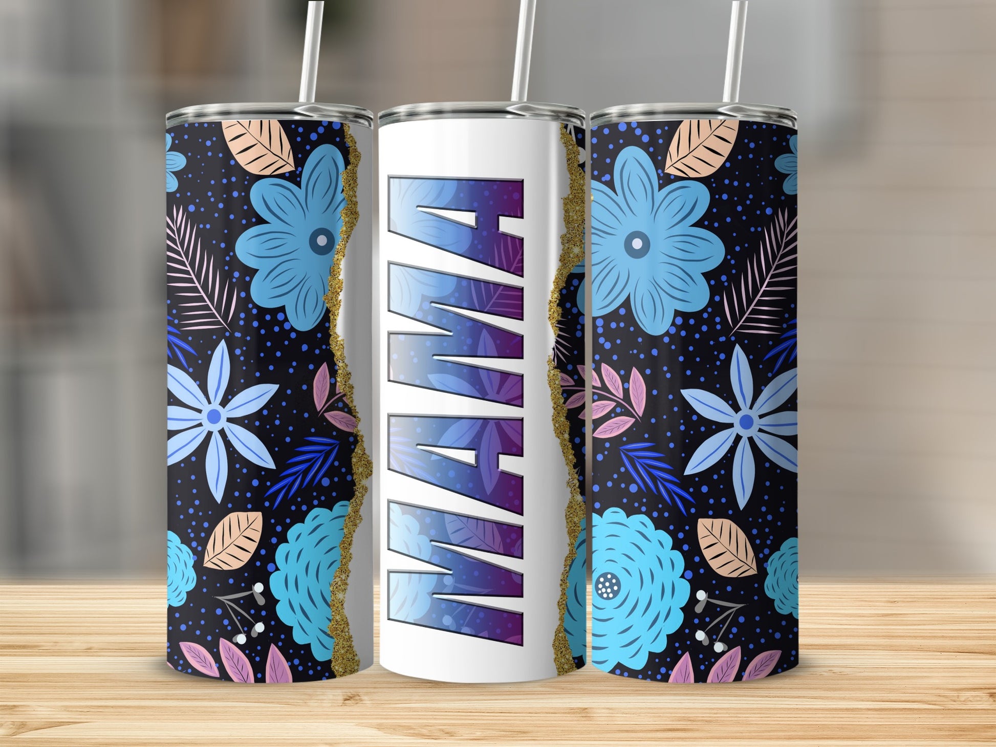 Tall tumbler with "MAMA" in colorful gradient text and floral pattern.