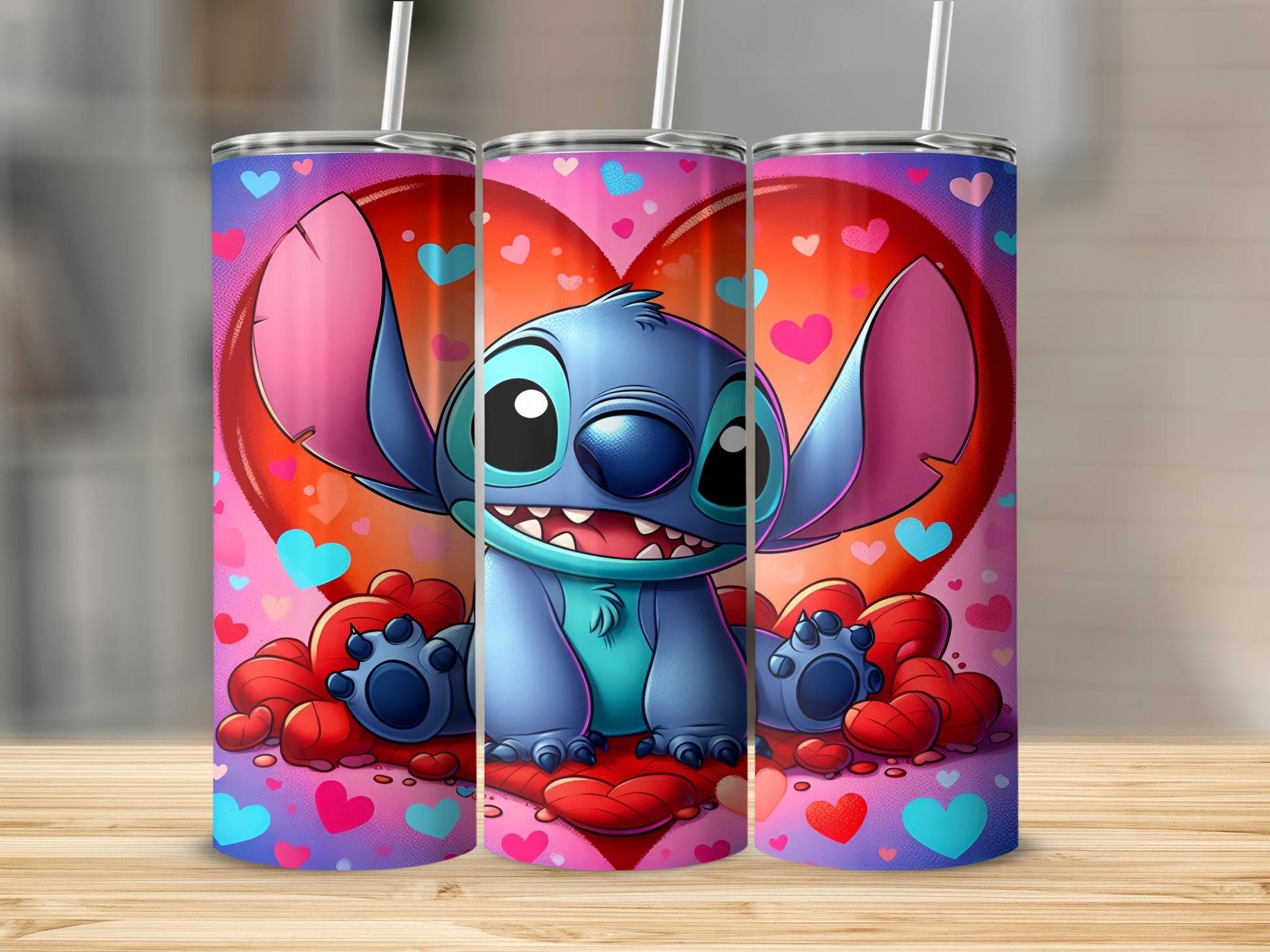 Stitch character sitting on a pile of hearts, on a colorful tumbler.