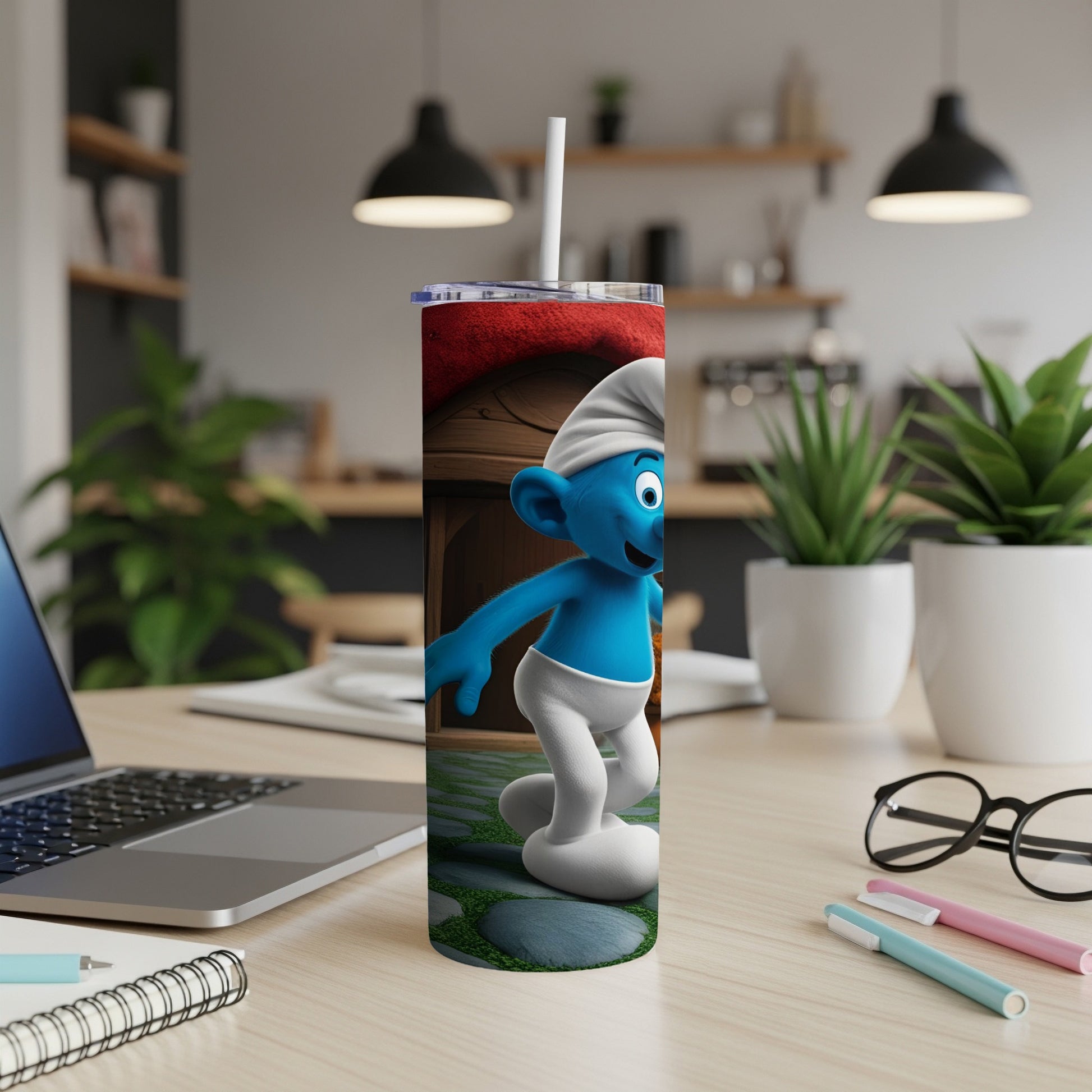 Smurf character in front of a mushroom house on a tumbler.