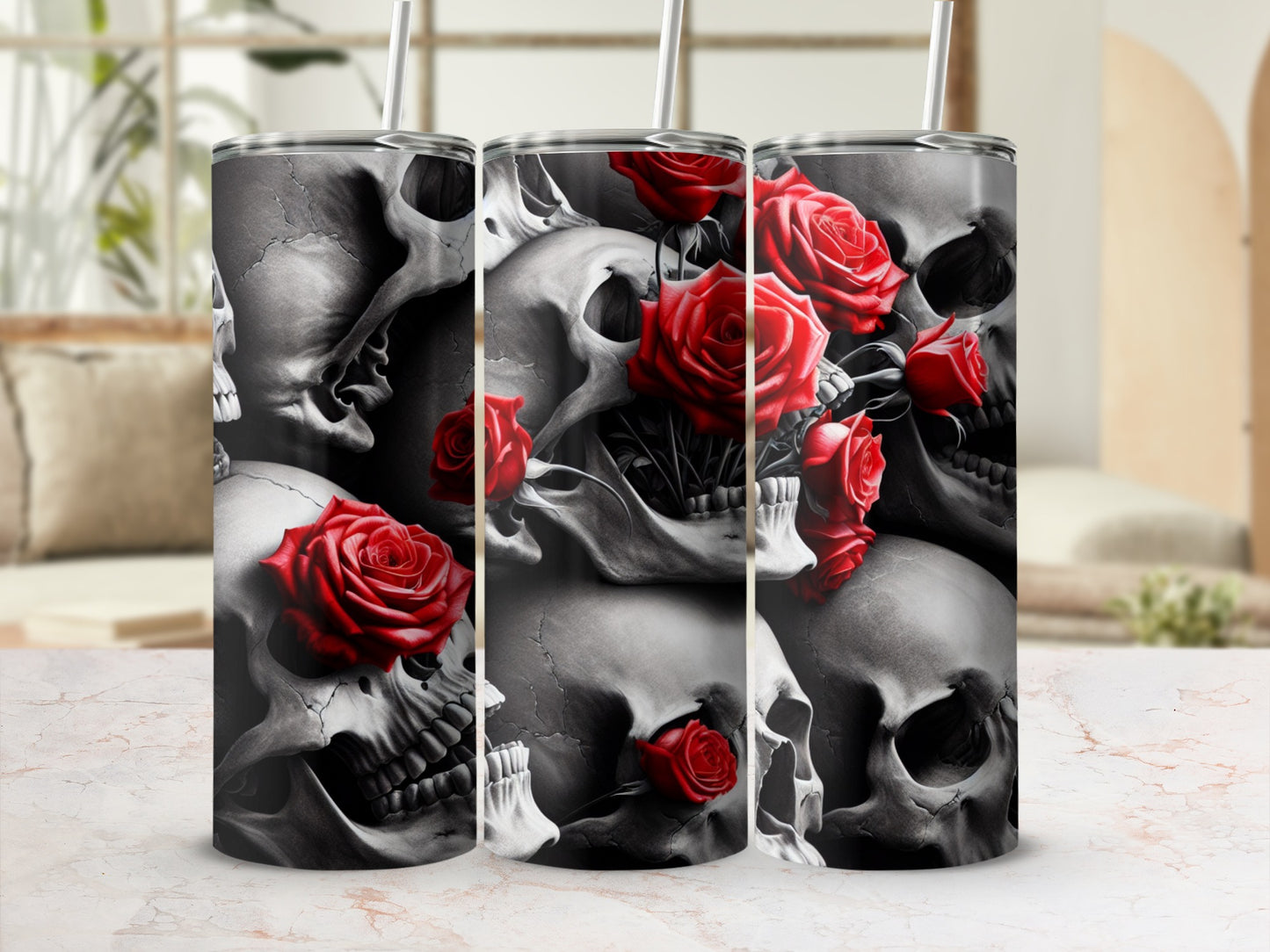 Skulls and red roses on a tumbler.