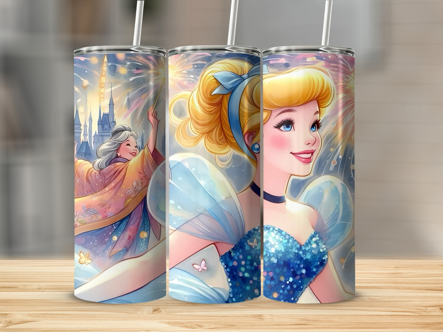 Cinderella and Fairy Godmother Tumblers with Straws