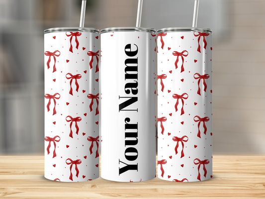 Customizable Red Bow and Heart Tumbler Cup Design