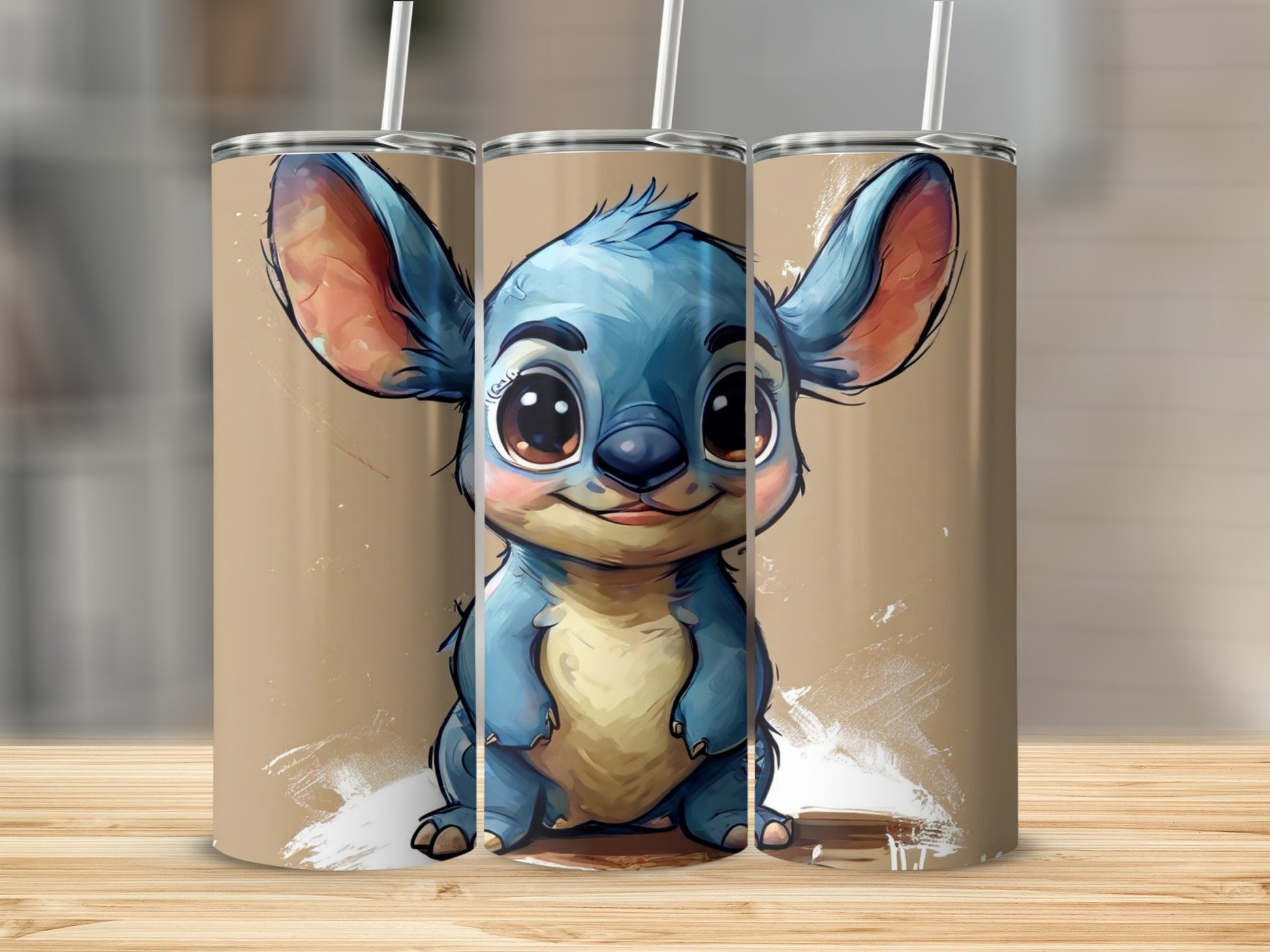Cute cartoon Stitch character on a tan background with white paint splatters.