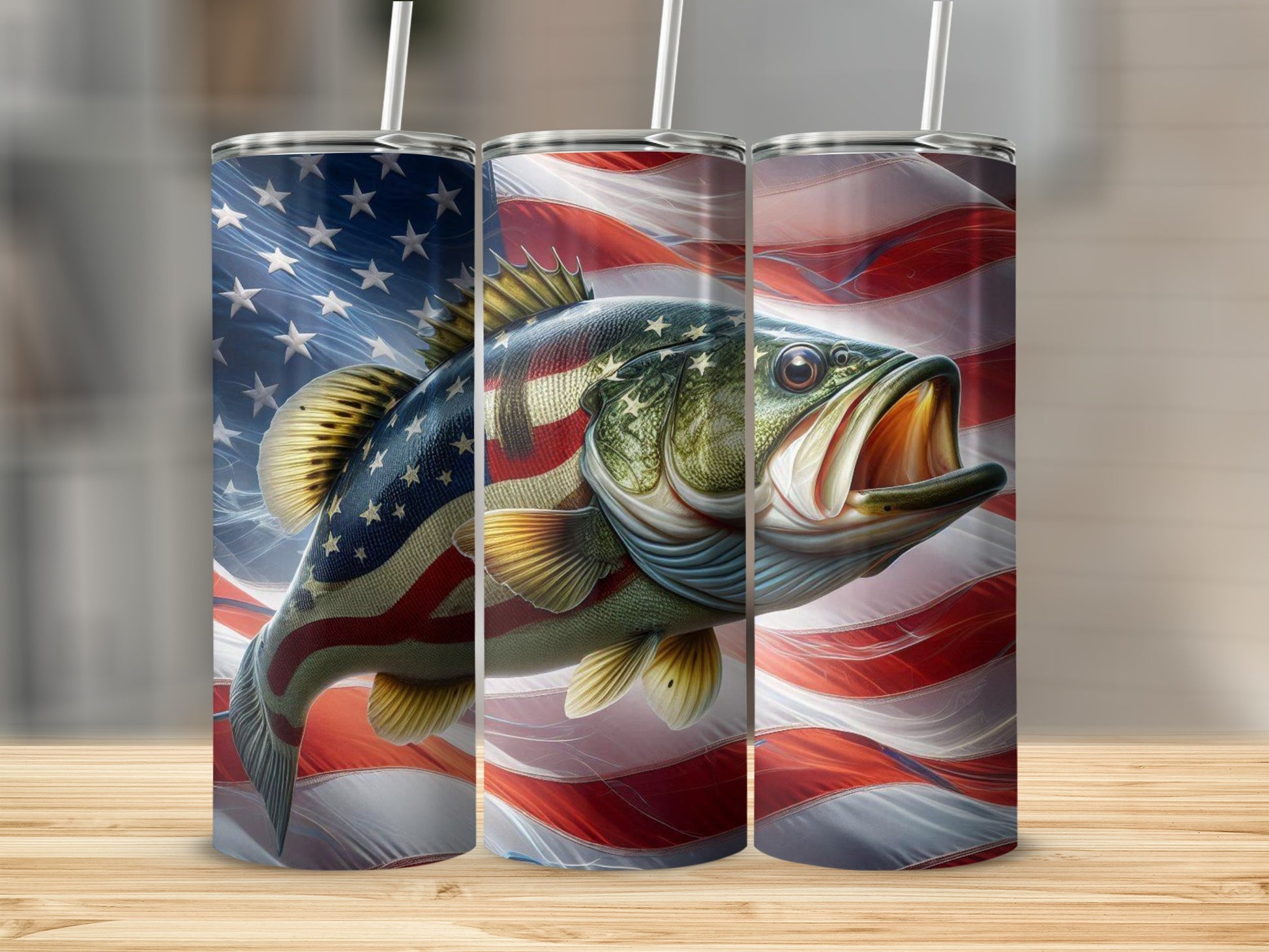 Bass fish with American flag design on tumbler.