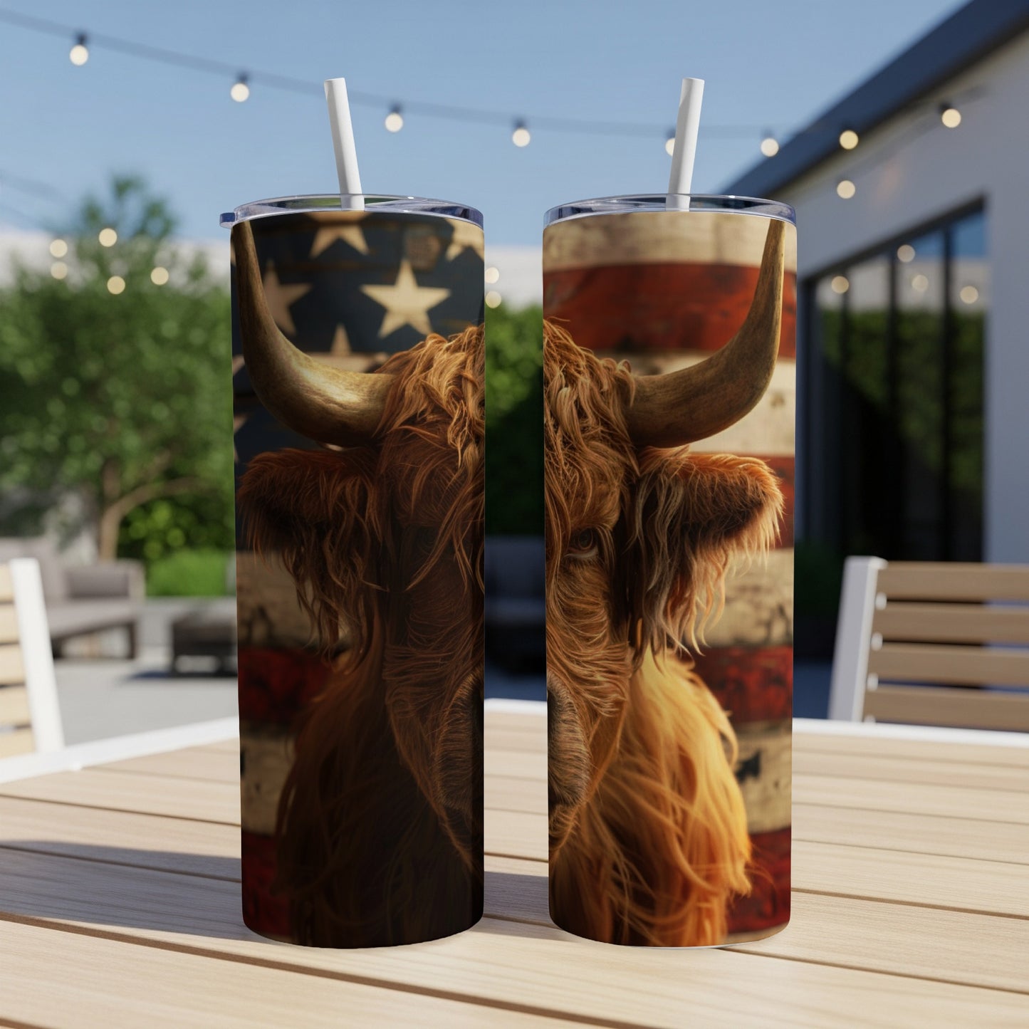 Highland cow face and American flag graphic on two tumblers.