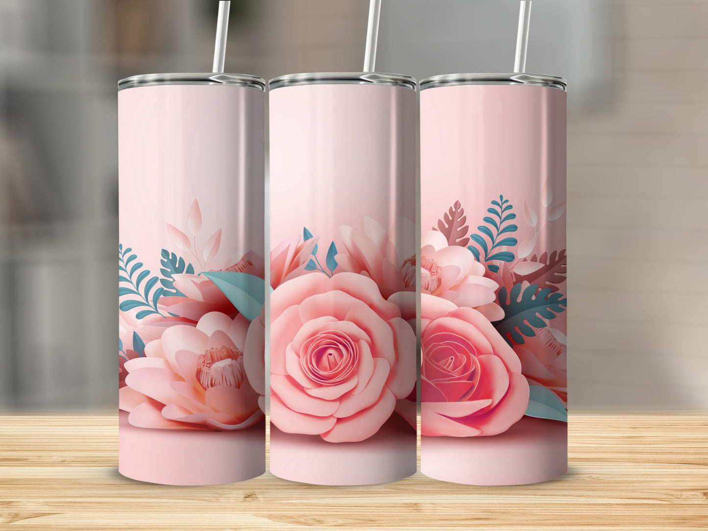 Floral Pink and Blue Leaves Design Tumbler Product