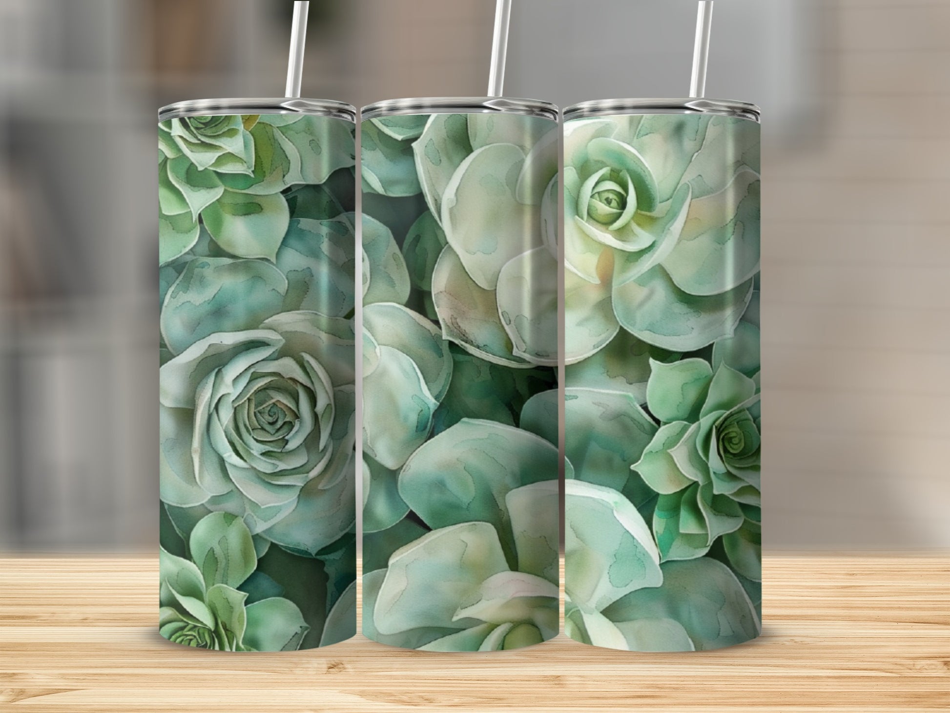 Three tumblers featuring a watercolor succulent plant design.