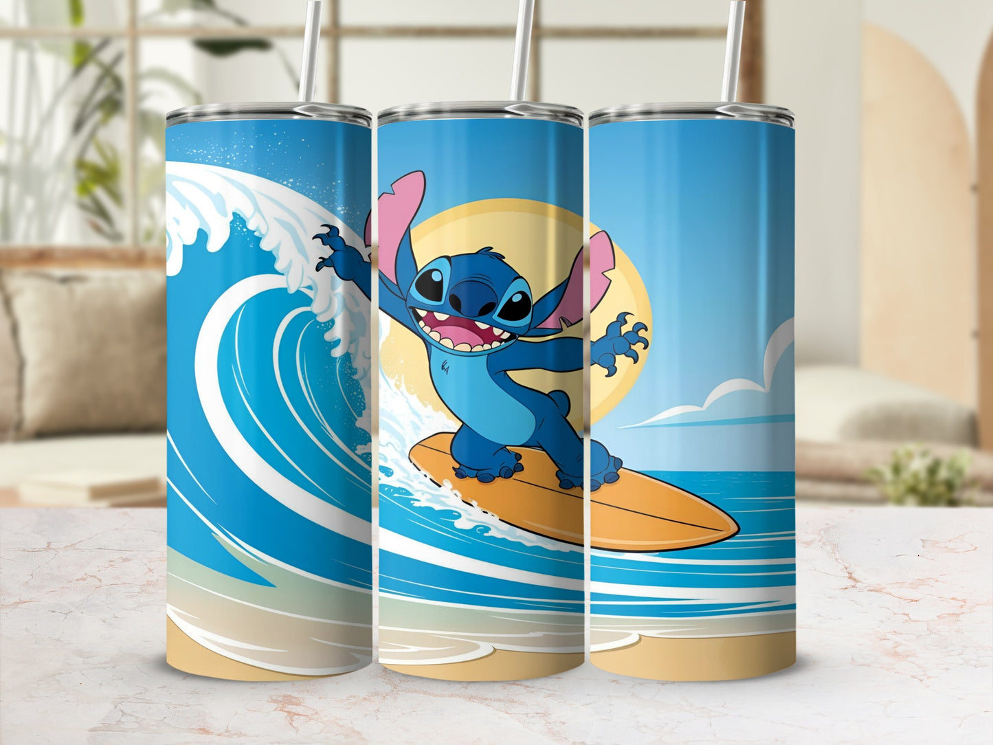 Stitch surfing a wave on a surfboard, with beach and sun background.