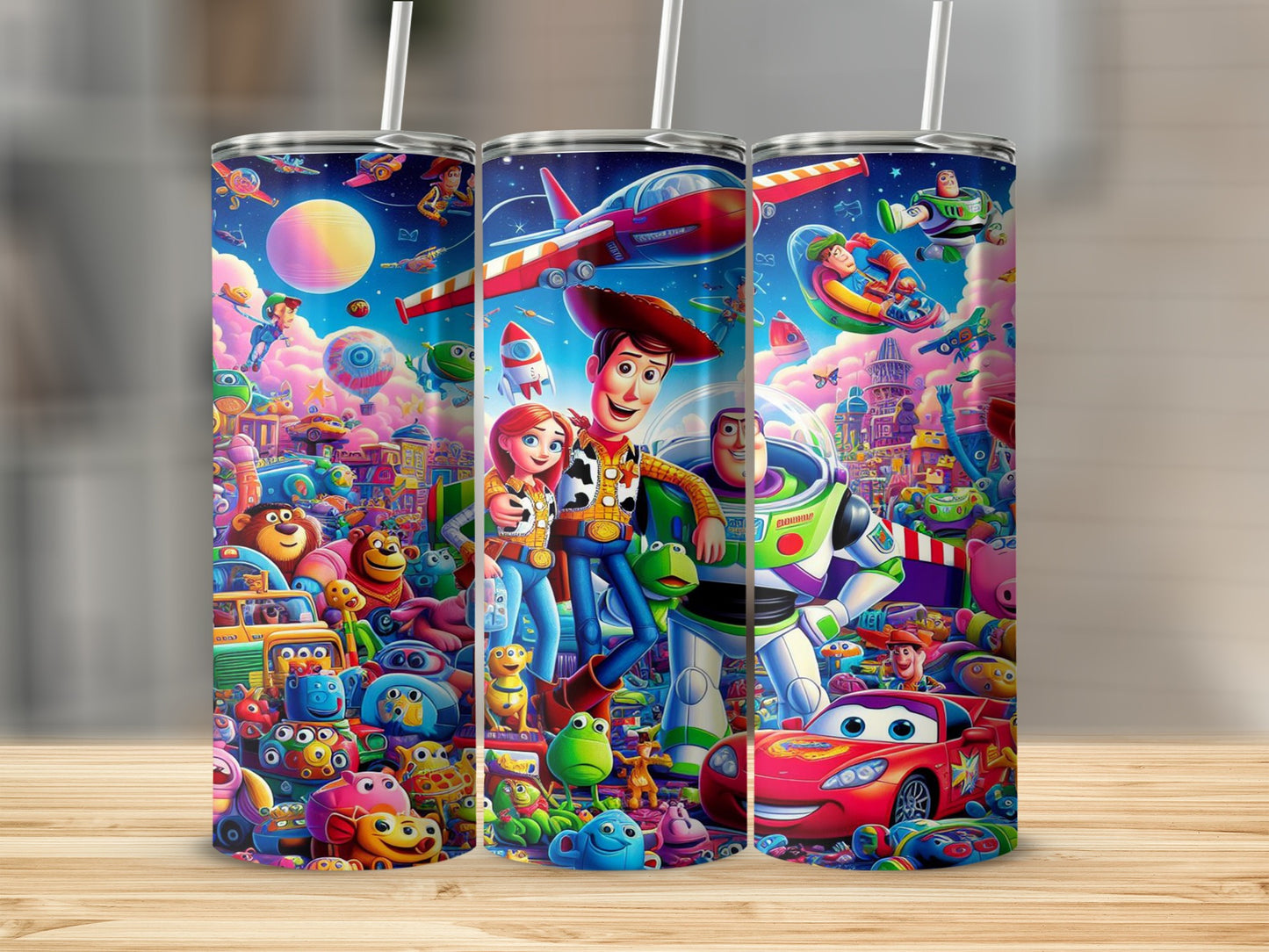 Toy Story characters Woody, Buzz, and Jessie on a colorful, busy background.