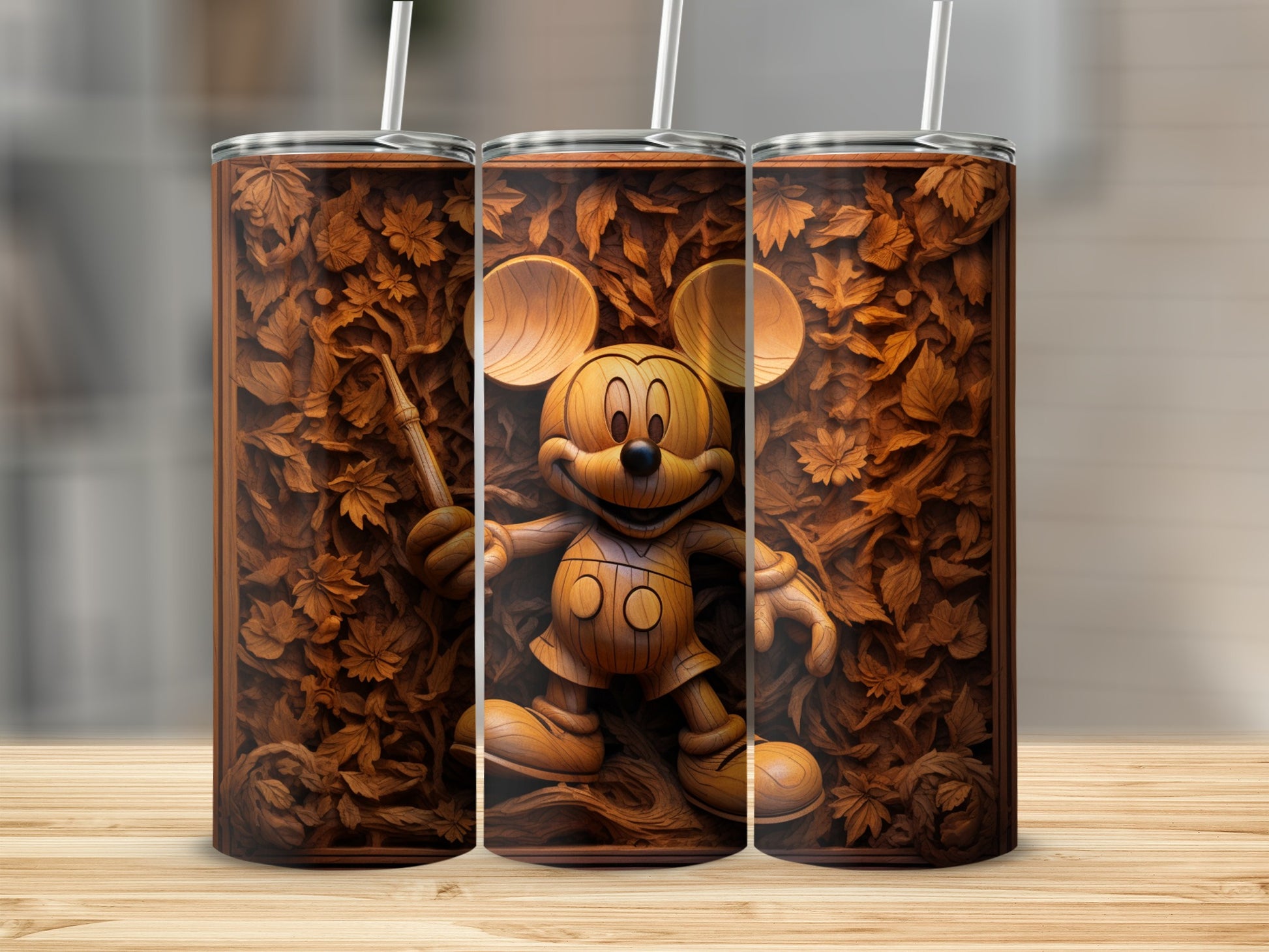 Wooden Carved Mickey Mouse Themed Tumblers