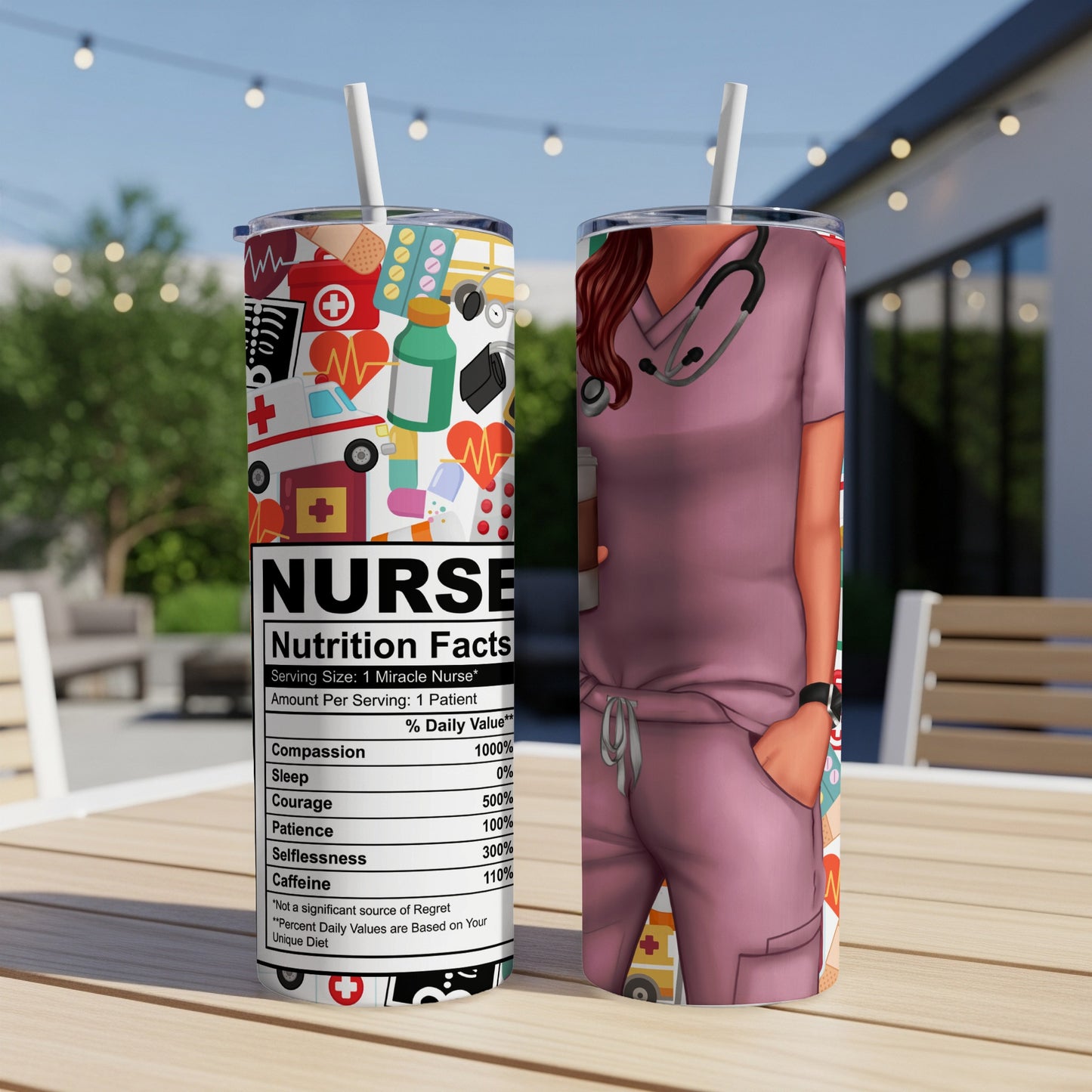 Pink nurse tumbler with a "Nutrition Facts" label in a medical theme.
