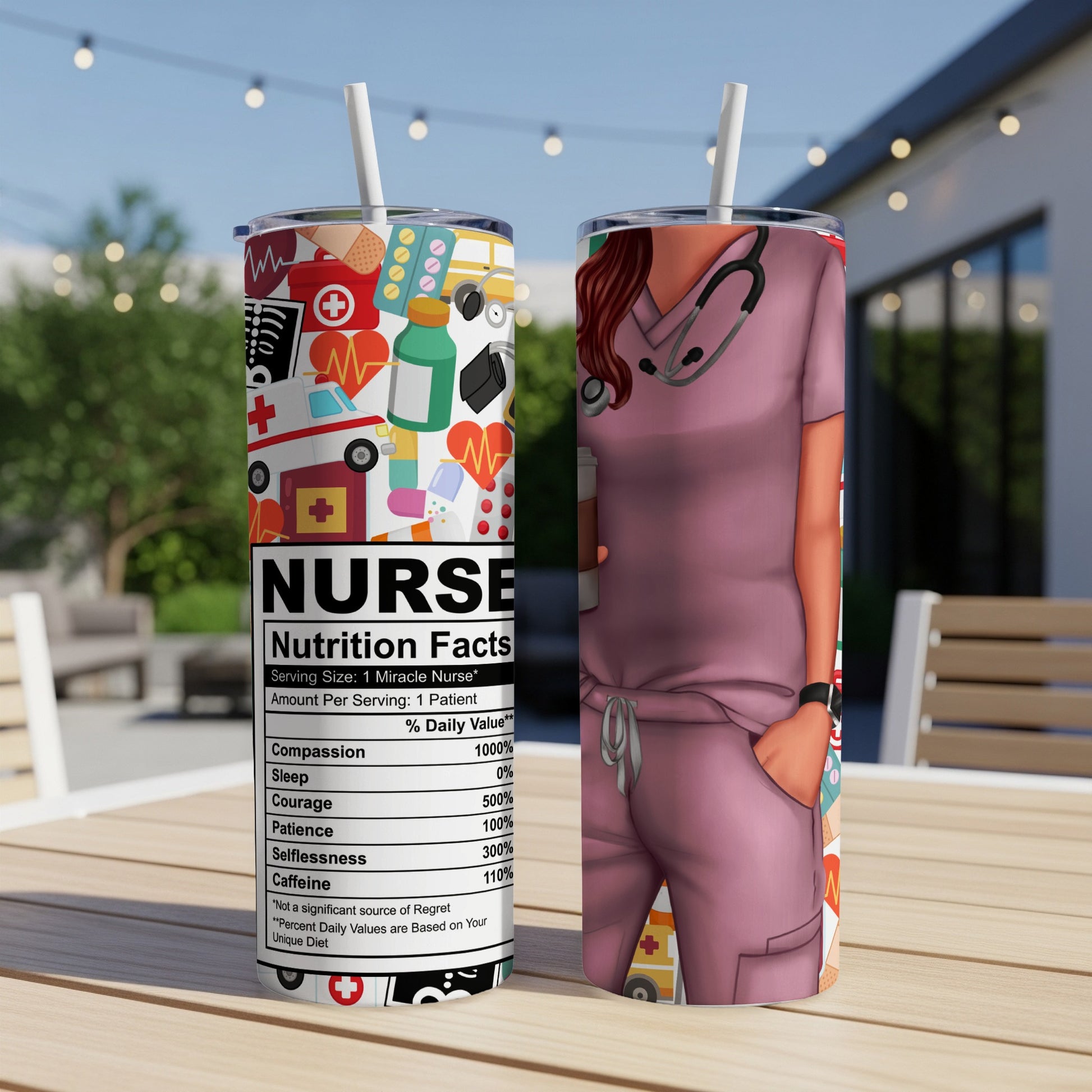 Pink nurse tumbler with a "Nutrition Facts" label in a medical theme.