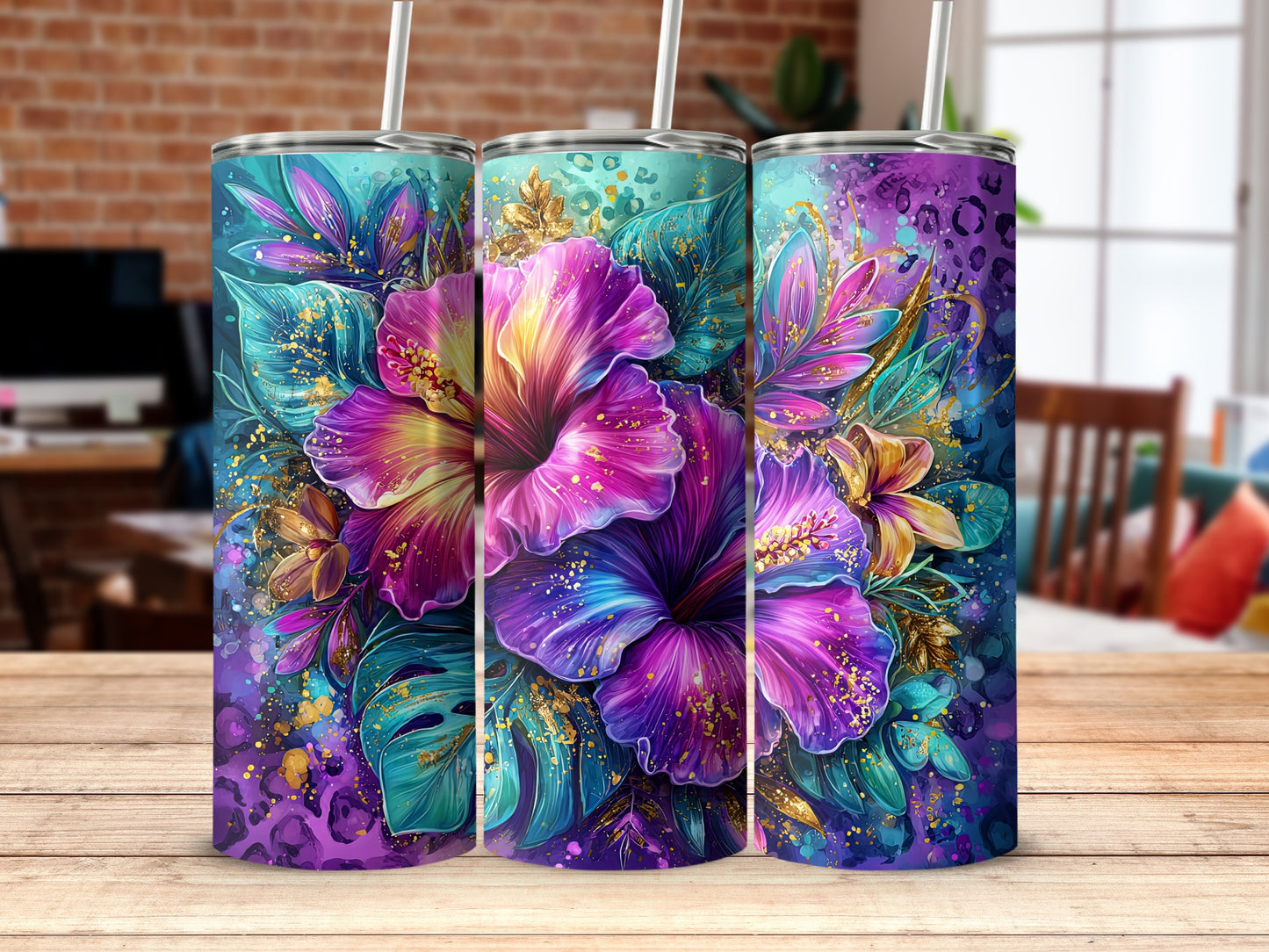 Vibrant Tropical Floral Tumblers with Straws Stylish Drinkware